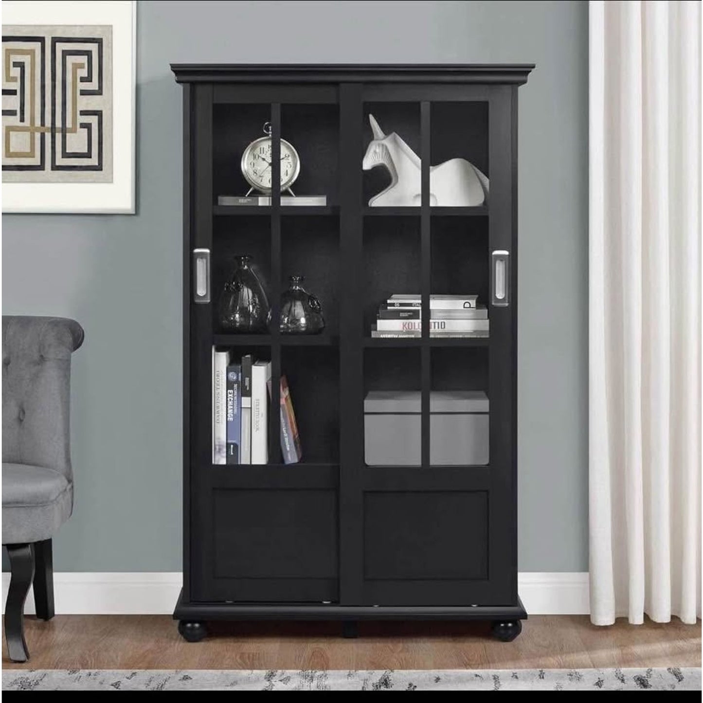 Ameriwood Home Aaron Lane Bookcase with Sliding Glass Doors, Black