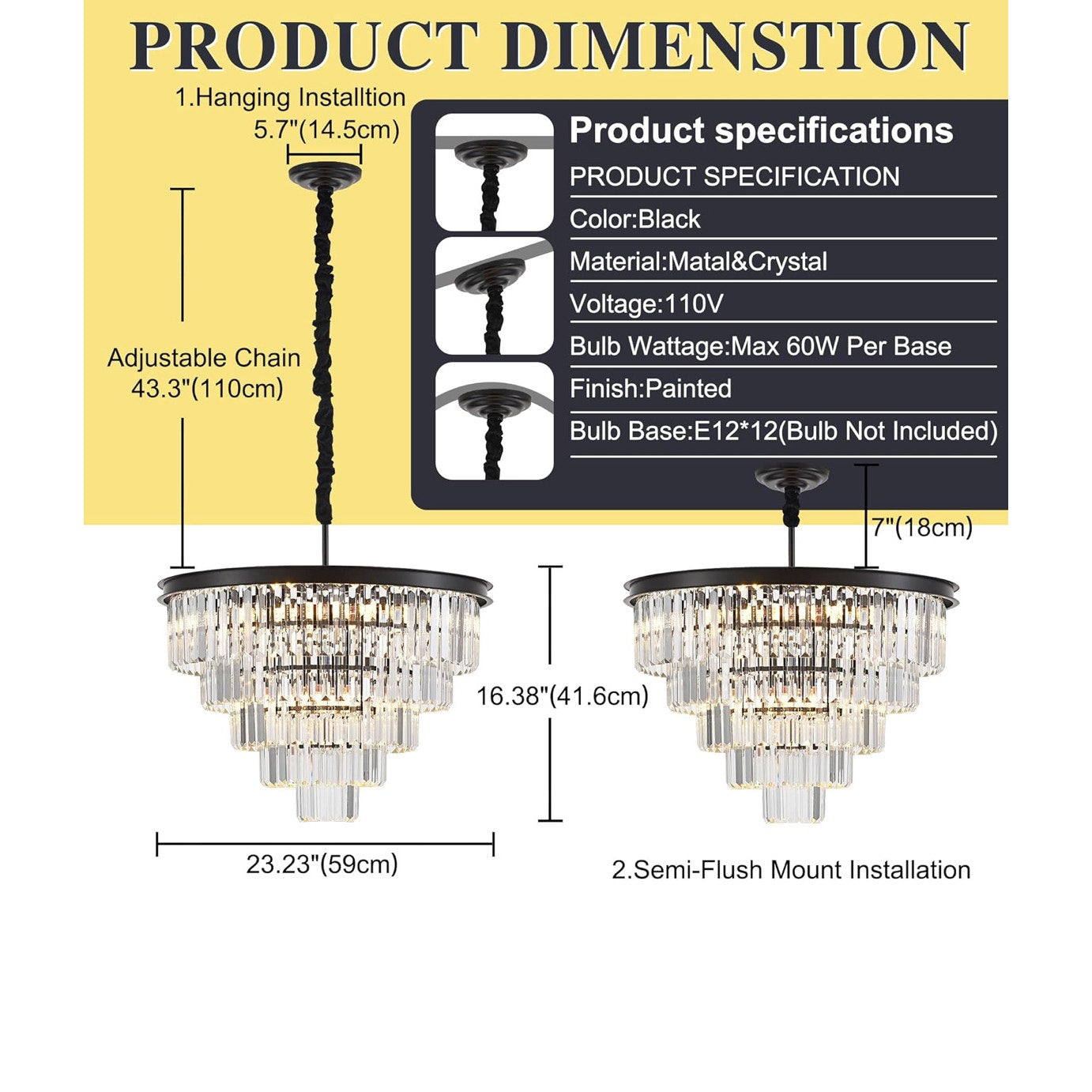 Black Crystal chandelier 7- tier Luxury K9 crystal chandeliers