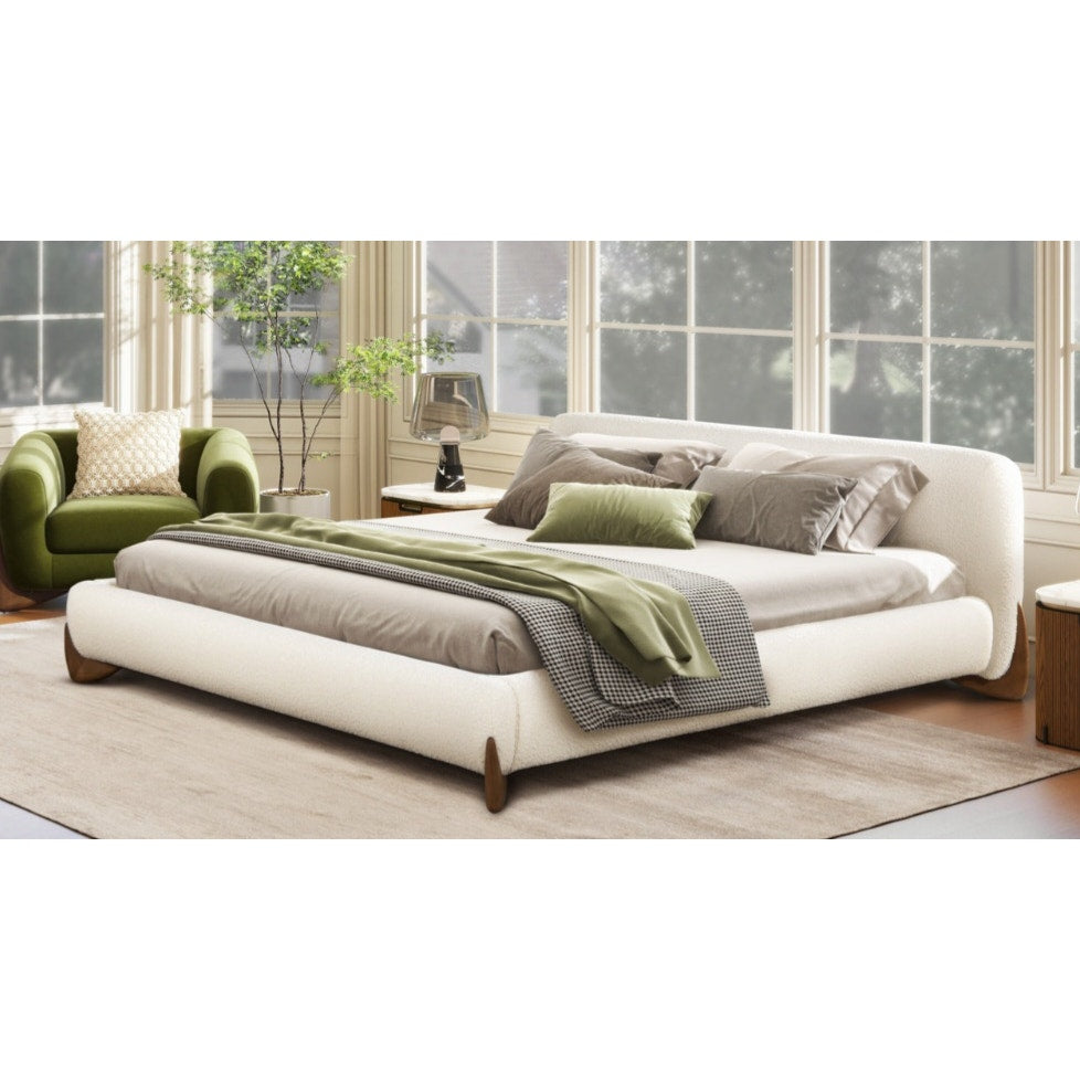 Jennifer Taylor Alpine Puffy Modern Platform Bed, King, Ivory White Bouclé