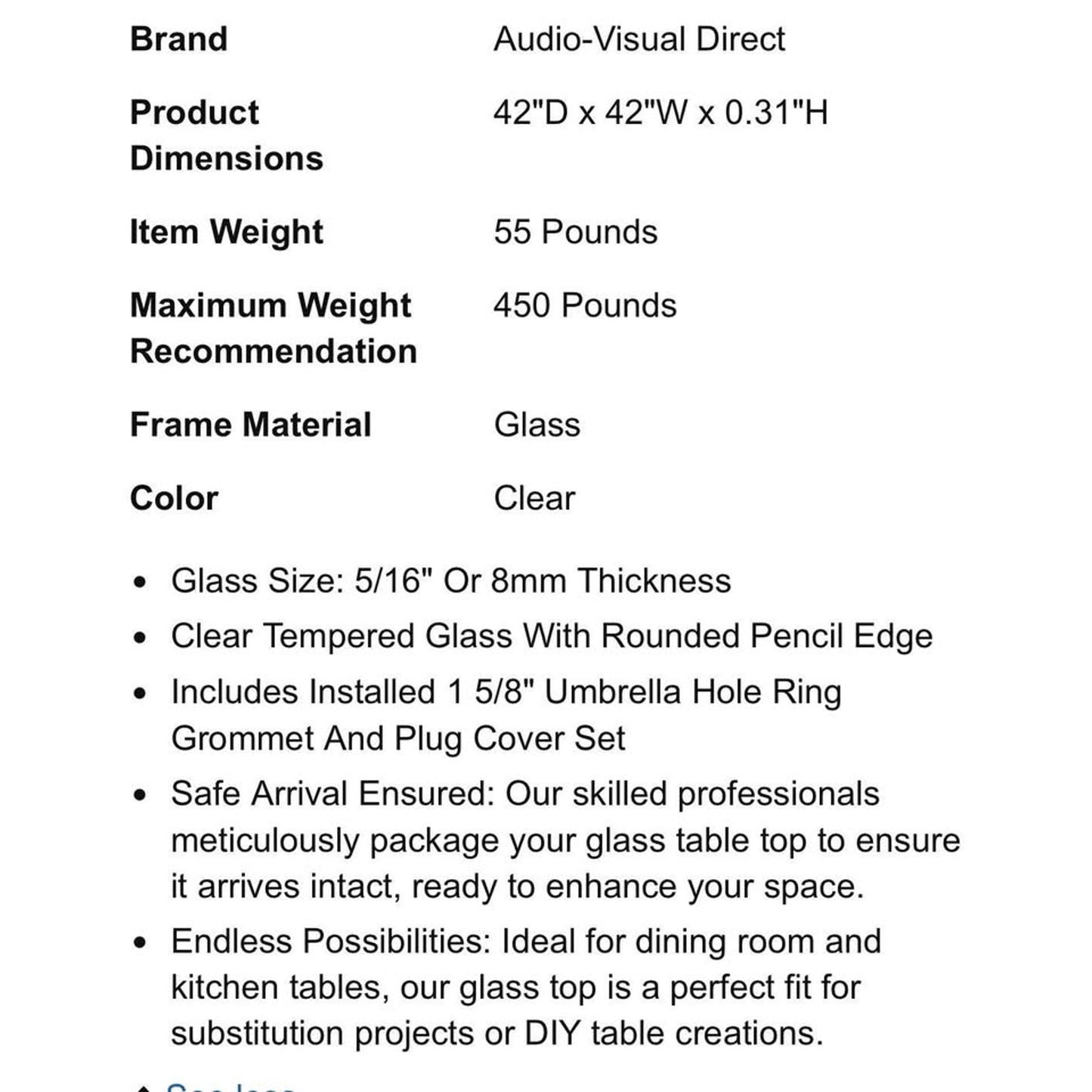 Audio-Visual Direct Tempered Glass Table Top with Rounded Edge (42" with 1 5/8 Center Hole)