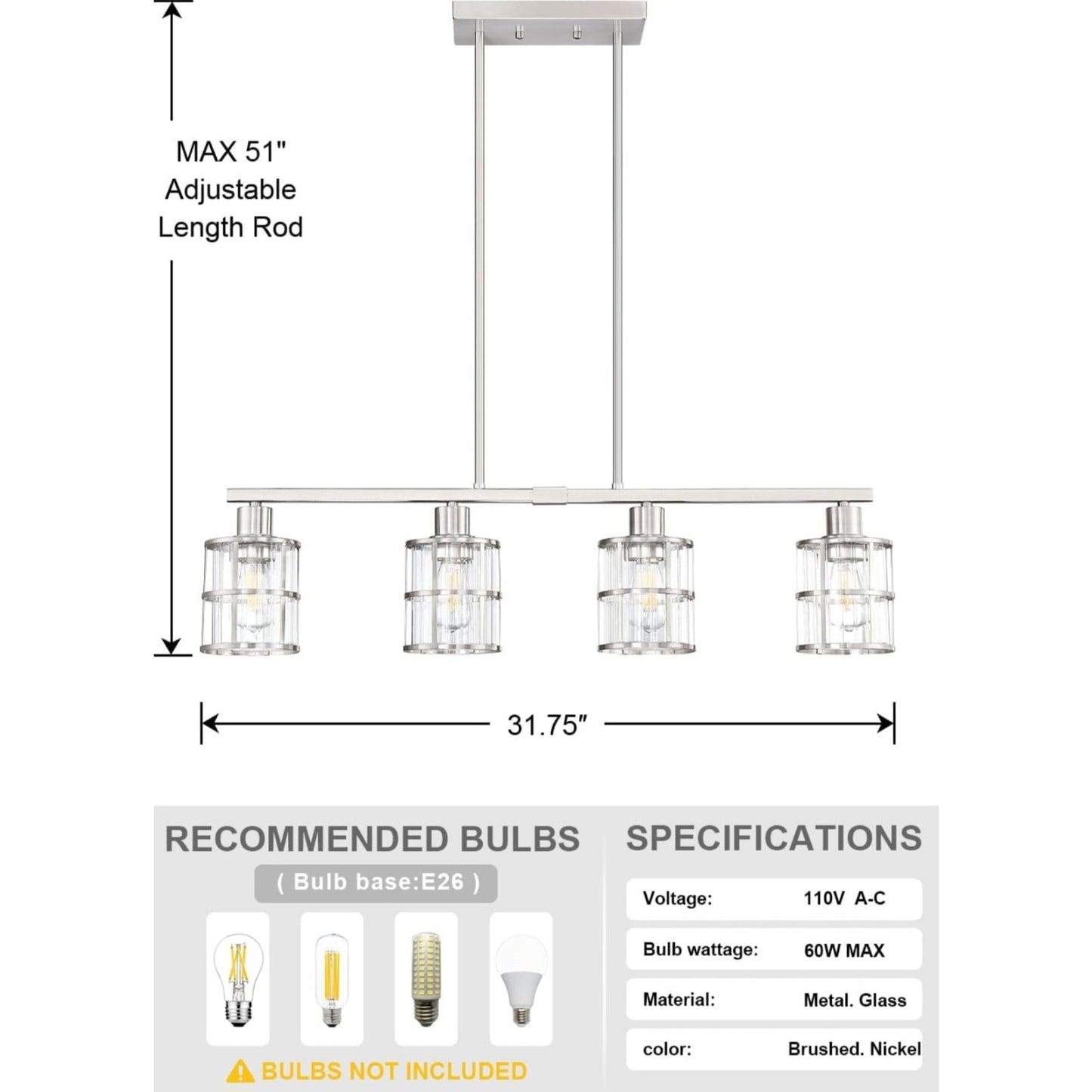 4 Light Kitchen Island Chandelier Modern Pendant Light Brushed Nickel Finish Ceiling Lighting Fixtu