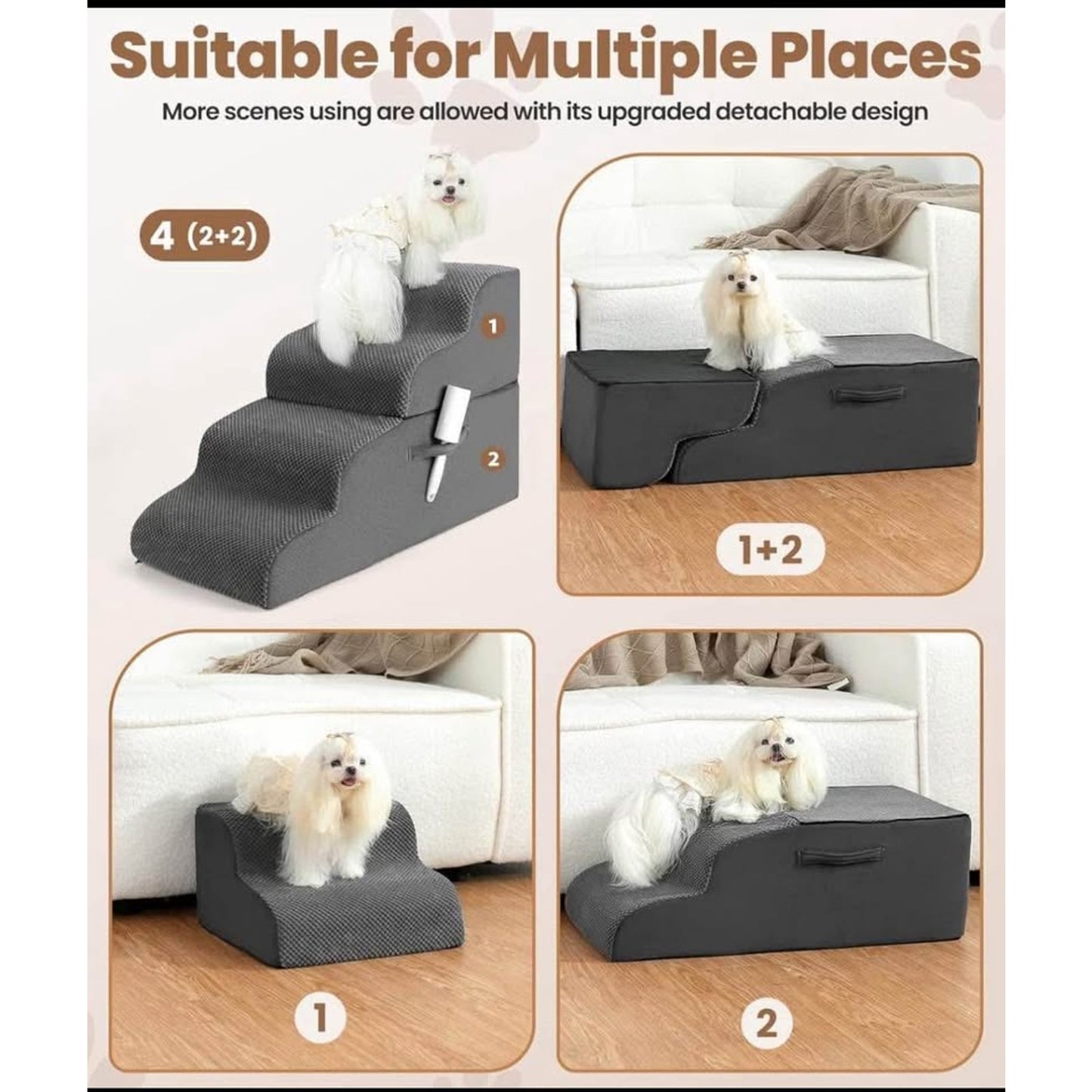 Dog Stairs, 4-Tiers Steps Ramp High Bed, Dog Ramp with Stable Non-Slip Fabric Cover, Pet Stairs for