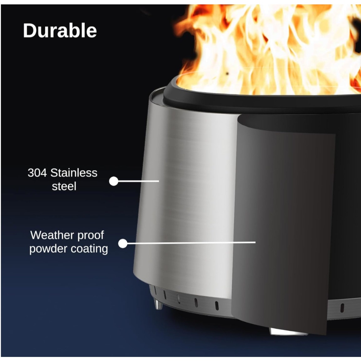 Camber Smokeless Fire Pit 29'' for Outdoor Patio, 304 Stainless Steel Wood Burning Fireplace,