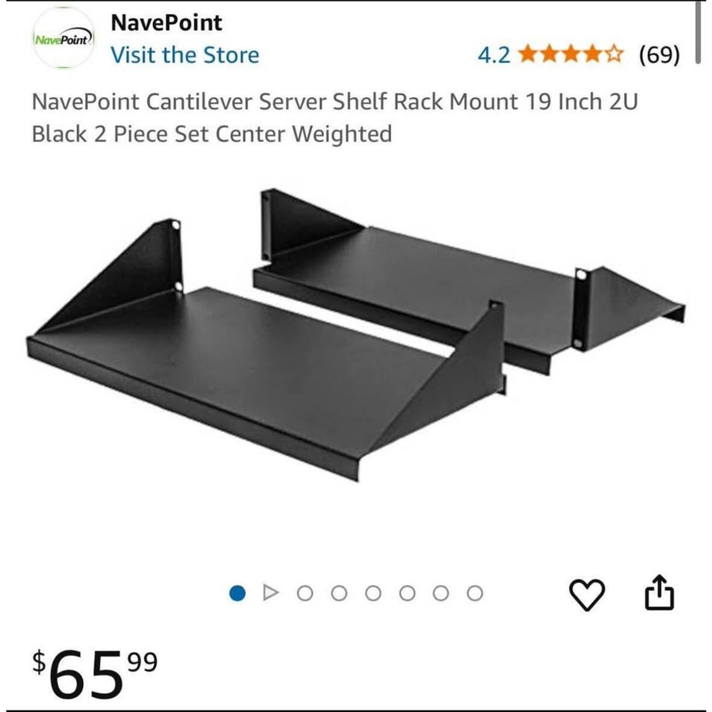 NavePoint Cantilever Server Shelf Rack Mount 19 Inch 2U Black 2 Piece Set Center Weighted