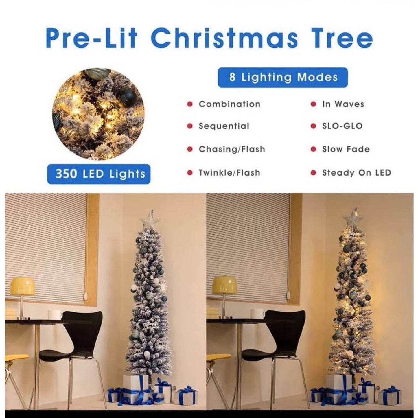 $30 obo 7FT Blue Pre-Lit Skinny Christmas Tree, Auto Open Snow Flocked Full Xmas Tree with 1000 Bran