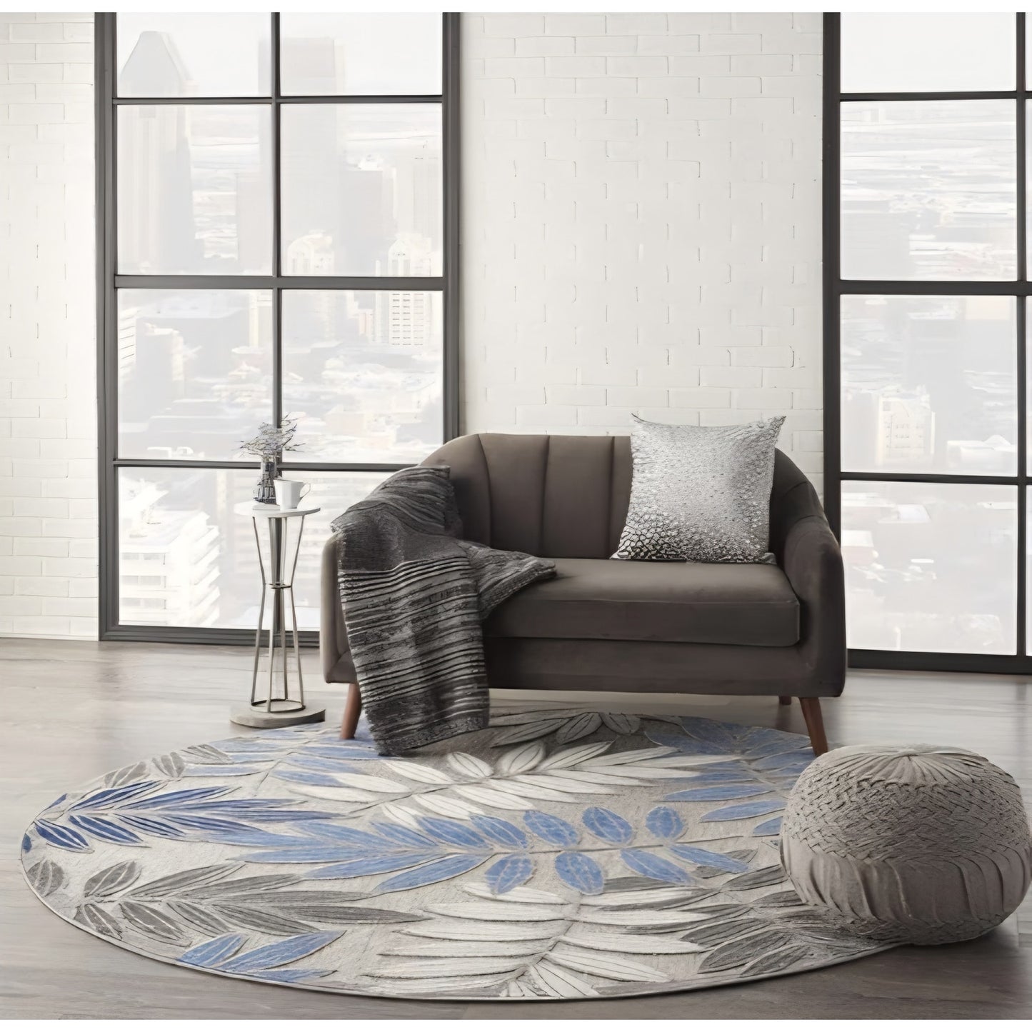 Nourison Home Aloha Indoor/Outdoor Grey/Blue 7’10” x Round Area Rug