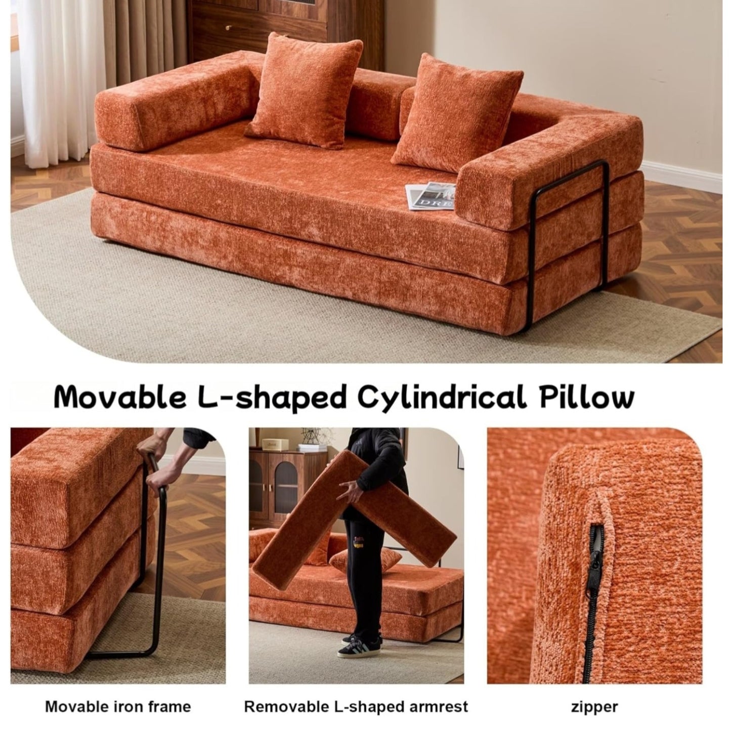 Convertible Floor Sofa Bed, Foldable Mattress Cloud Couch with Pillow Back & Armrest, Chenille Sleeper Sofa Bed with Fixed-Shape Frame, Compressed Couch for Living
