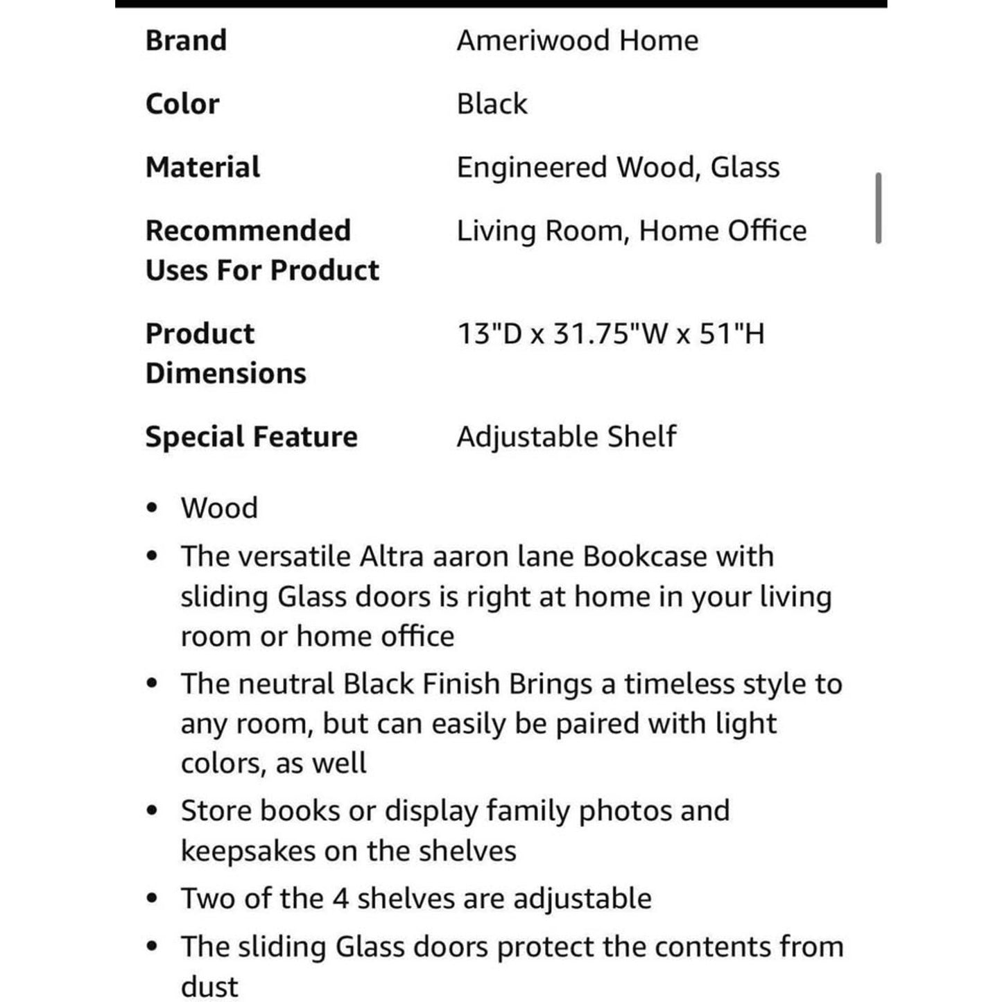 Ameriwood Home Aaron Lane Bookcase with Sliding Glass Doors, Black