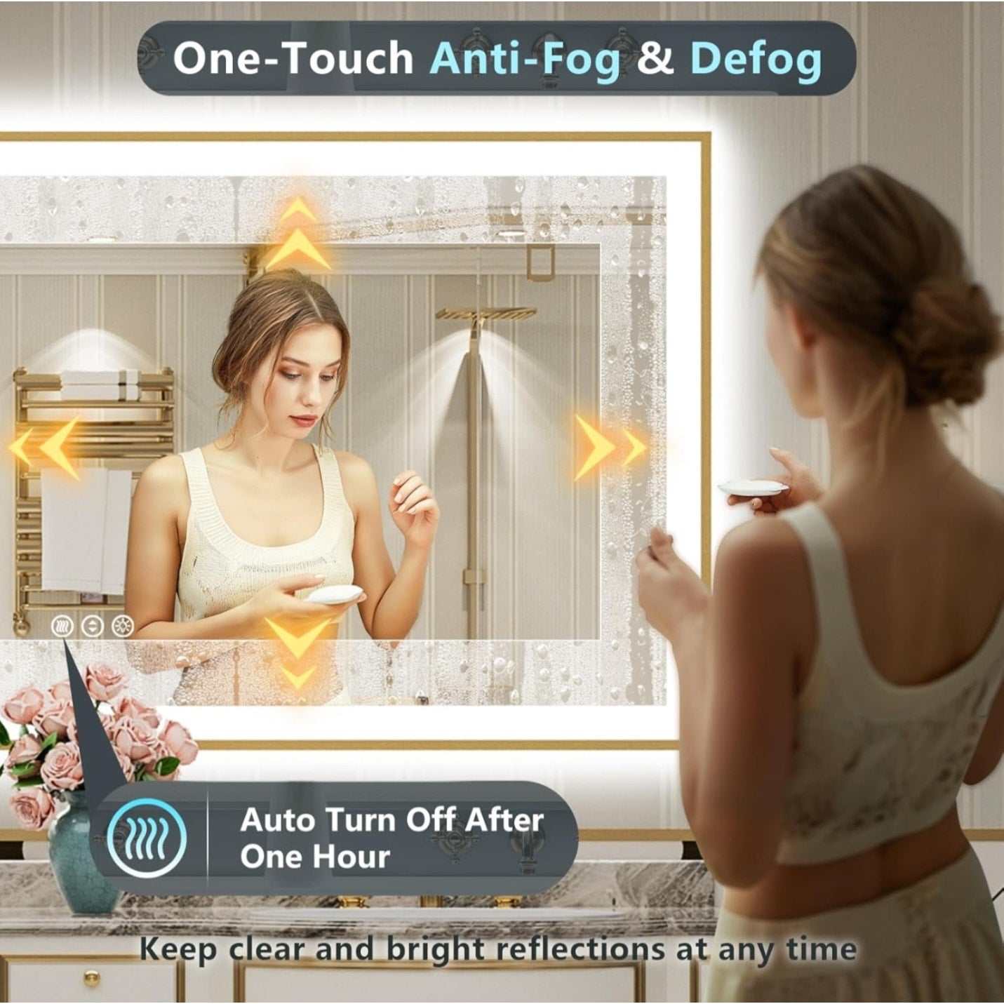 84x32 Gold Framed LED Bathroom Mirror with Lights, Backlit + Front Lit, Anti-Fog Lighted Vanity
