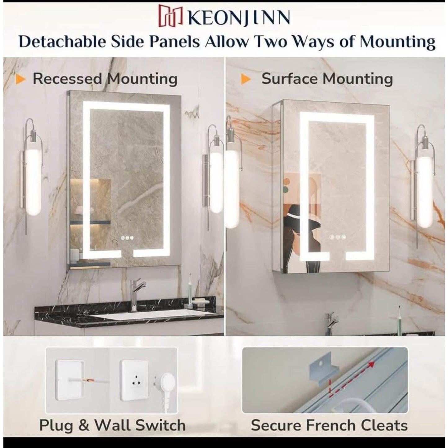 Keonjinn 24 x 32 Lighted Medicine Cabinet with Defogger and Outlets, Medicine Cabinet with Lights 3