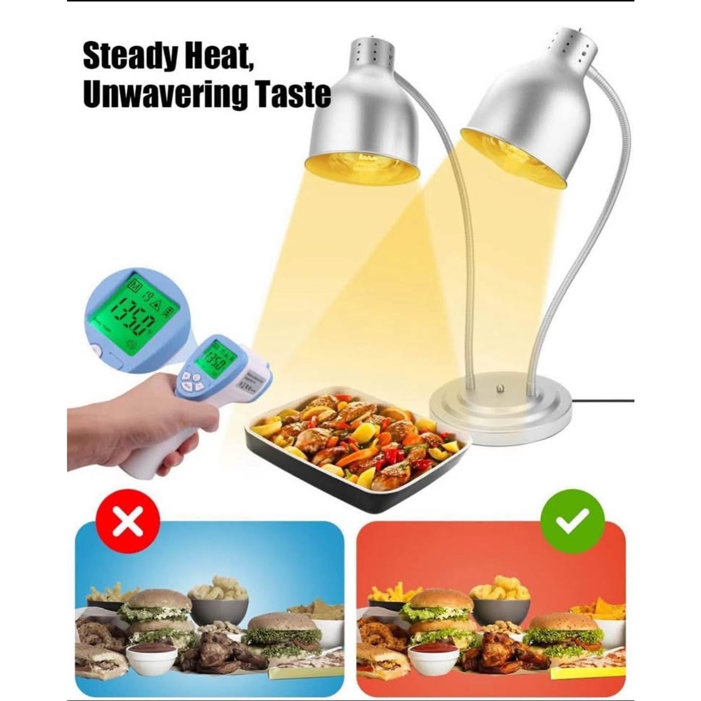 Heat Lamp for Food, Upgrade 250W Bulb x 3 - Each Lasting Over 4000 Hours, Food Heat Lamp with Flexib