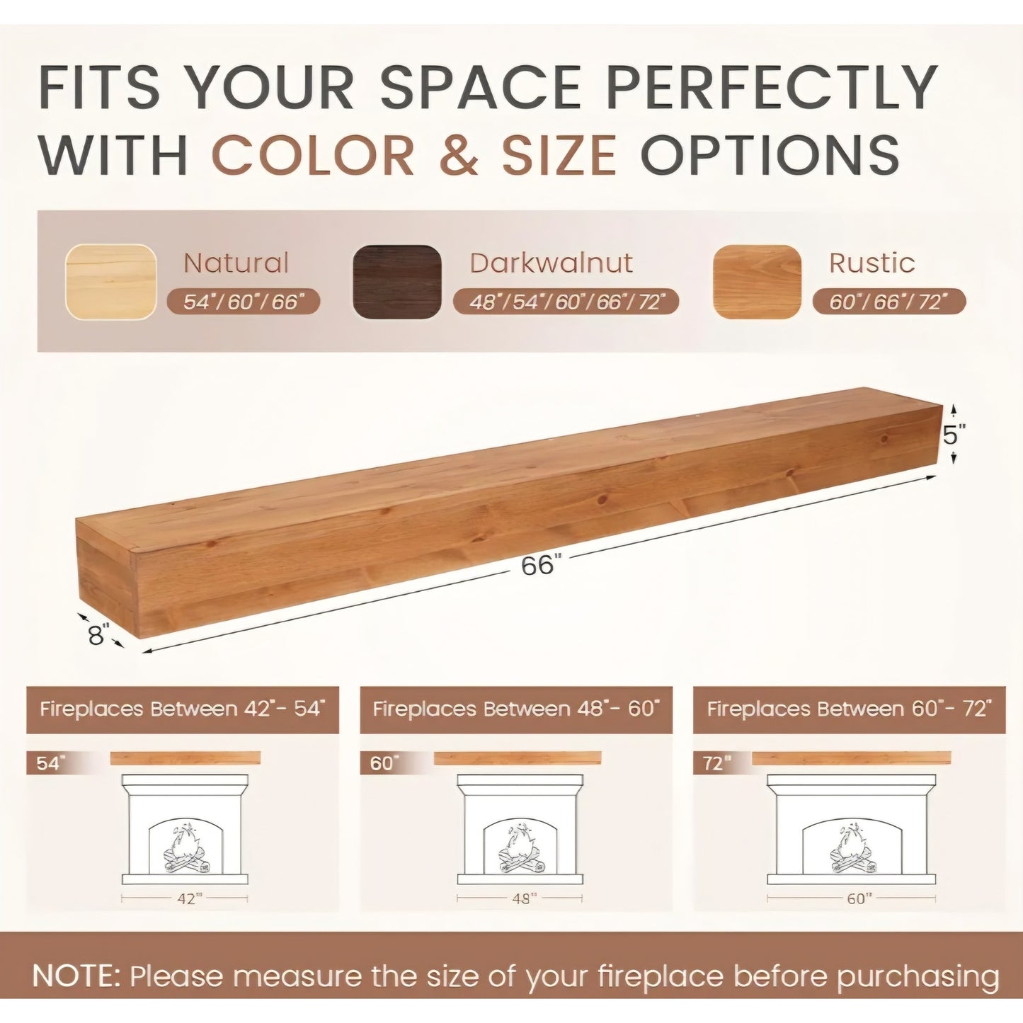 Fireplace Mantel 66 inch - Handcrafted Rustic Solid Wood Mantel l Floating Shelves Decor for Wall,