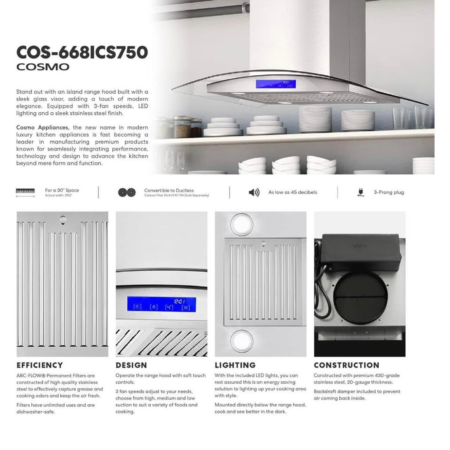 COSMO COS-668ICS750 30 in. Lumin Collection 380 CFM Ducted Island Range Hood, Soft Touch Controls