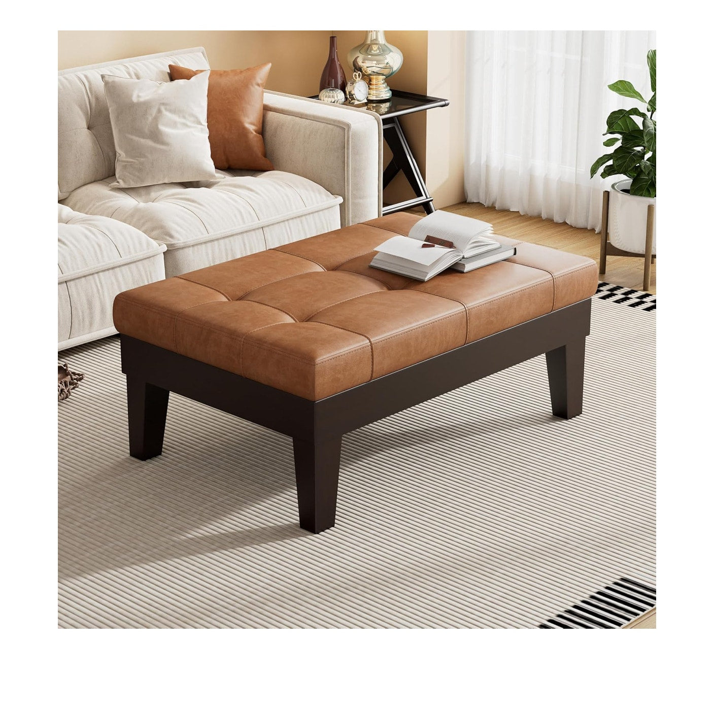 Merax Modern Storage Ottoman with Slide-Out Drawer, Bonded Leather