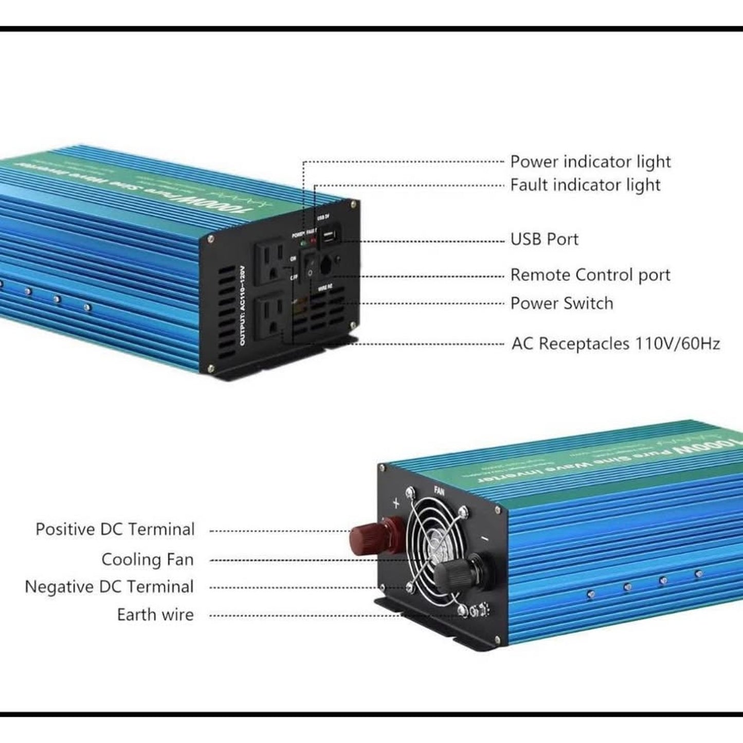 Pure Sine Wave Power Inverter 1000W DC12V to AC 110V with Dual sockets and USB, LCD Remote kit. (100
