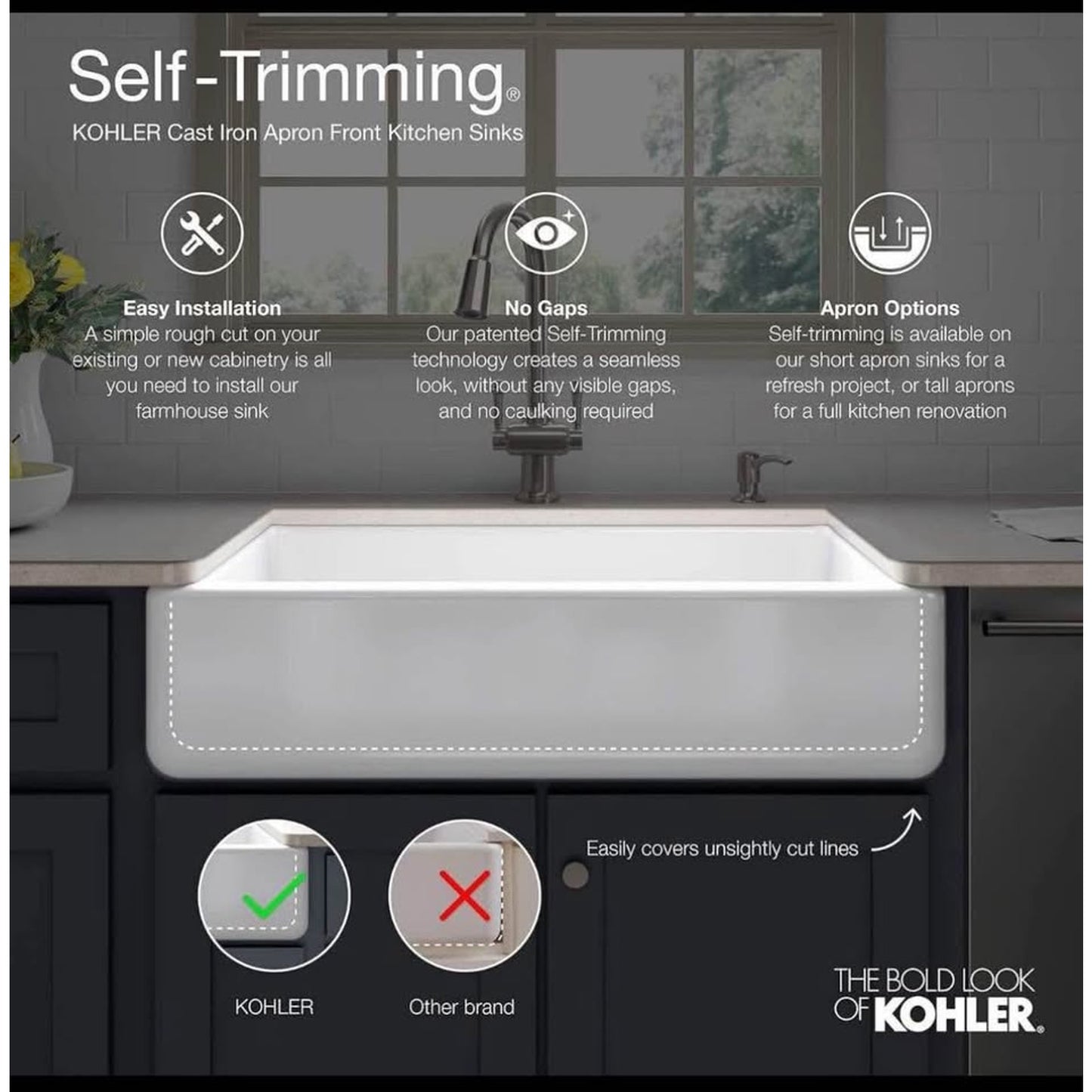 KOHLER 6489-0 Whitehaven 35 3/4" Undermount Single-Bowl Farmhouse Sink, Self-Trimming Tall Apron Fro