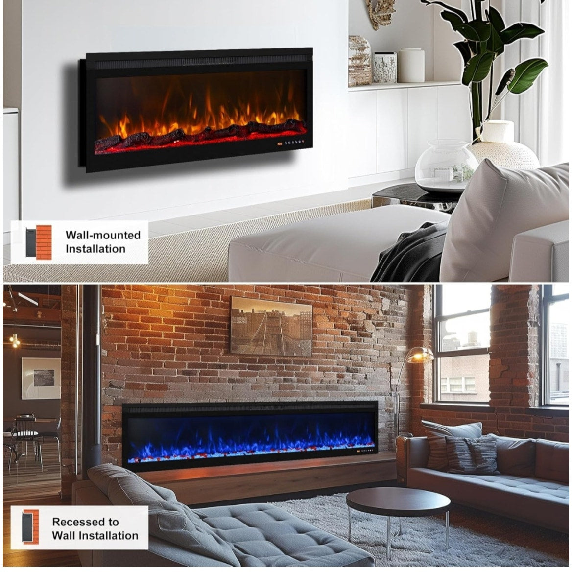 Smart 42 Inch Wall Mounted and Recessed Electric Fireplace Inserts, App & Remote & Touch Screen Control, 13X13 Flame & Fuel Bed Color Combinations, 750W/1500W, Black