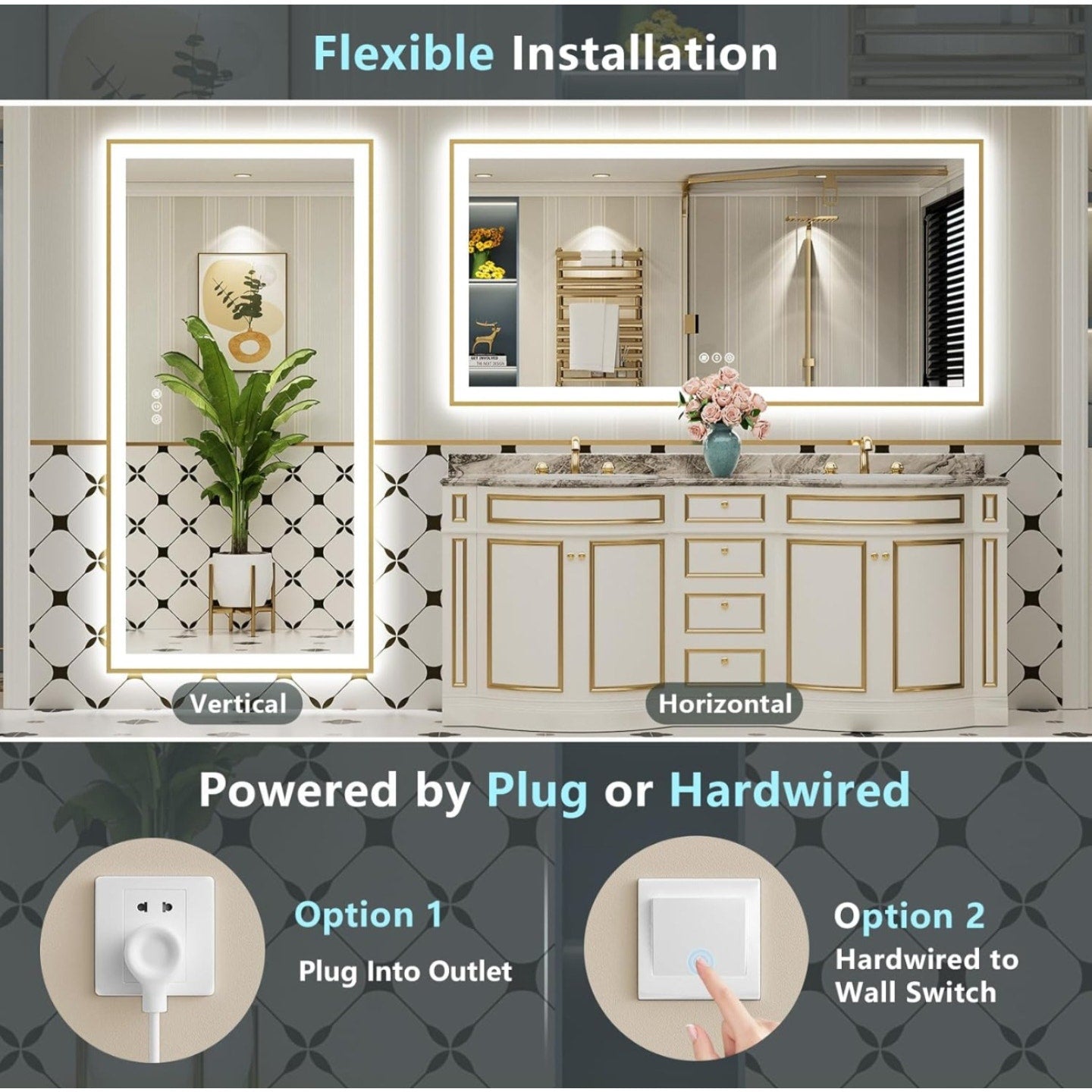 84x32 Gold Framed LED Bathroom Mirror with Lights, Backlit + Front Lit, Anti-Fog Lighted Vanity