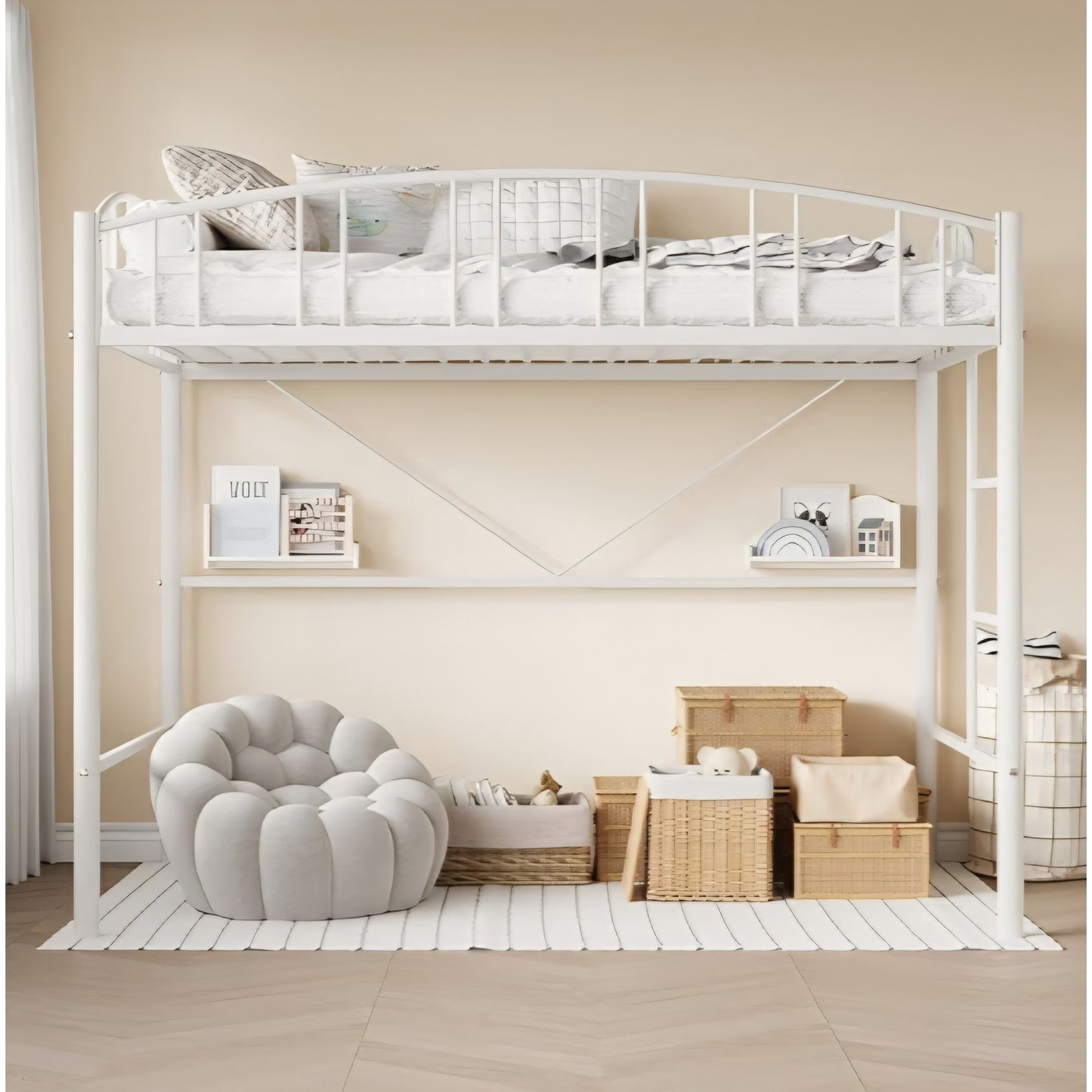 Loft Bed Twin Size, Heavy Duty Metal Loft Bed Frame with Arched Guardrail and Safety Ladder
