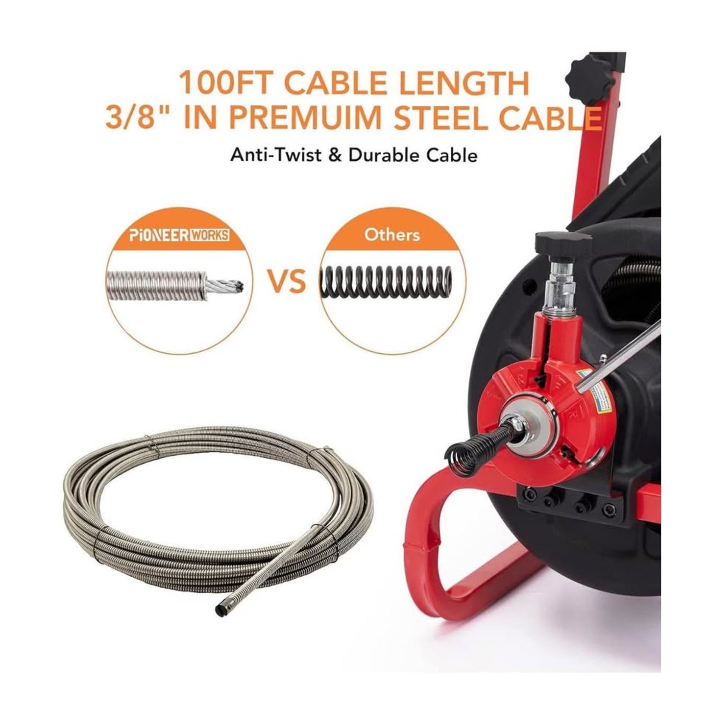 PIONEERWORKS 100Ft x 3/8In Drain Cleaner Machine, Auto-feed Professional 6.8A Electric Drain Auger,
