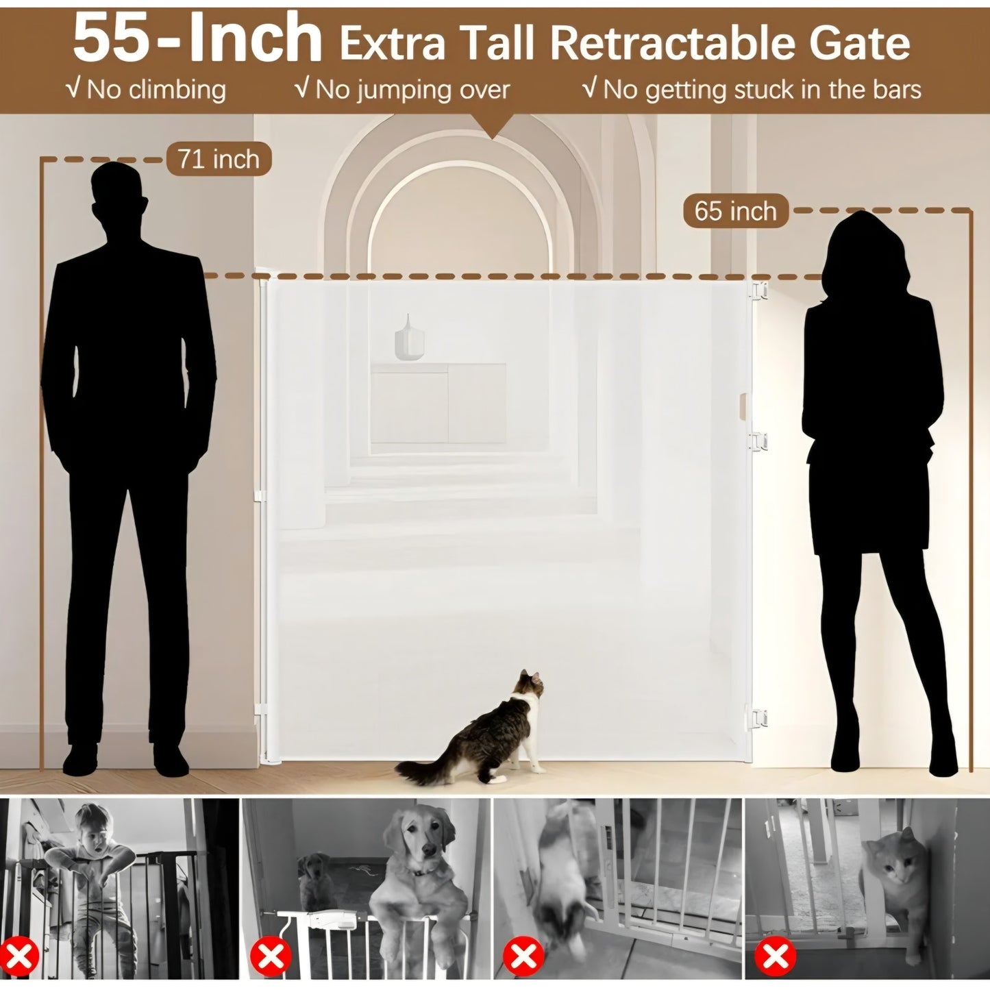 55 Inch Extra Tall Pet Gate Tall Retractable Baby Gate,Extends to 55" Wide Retractable Gate Outdoor