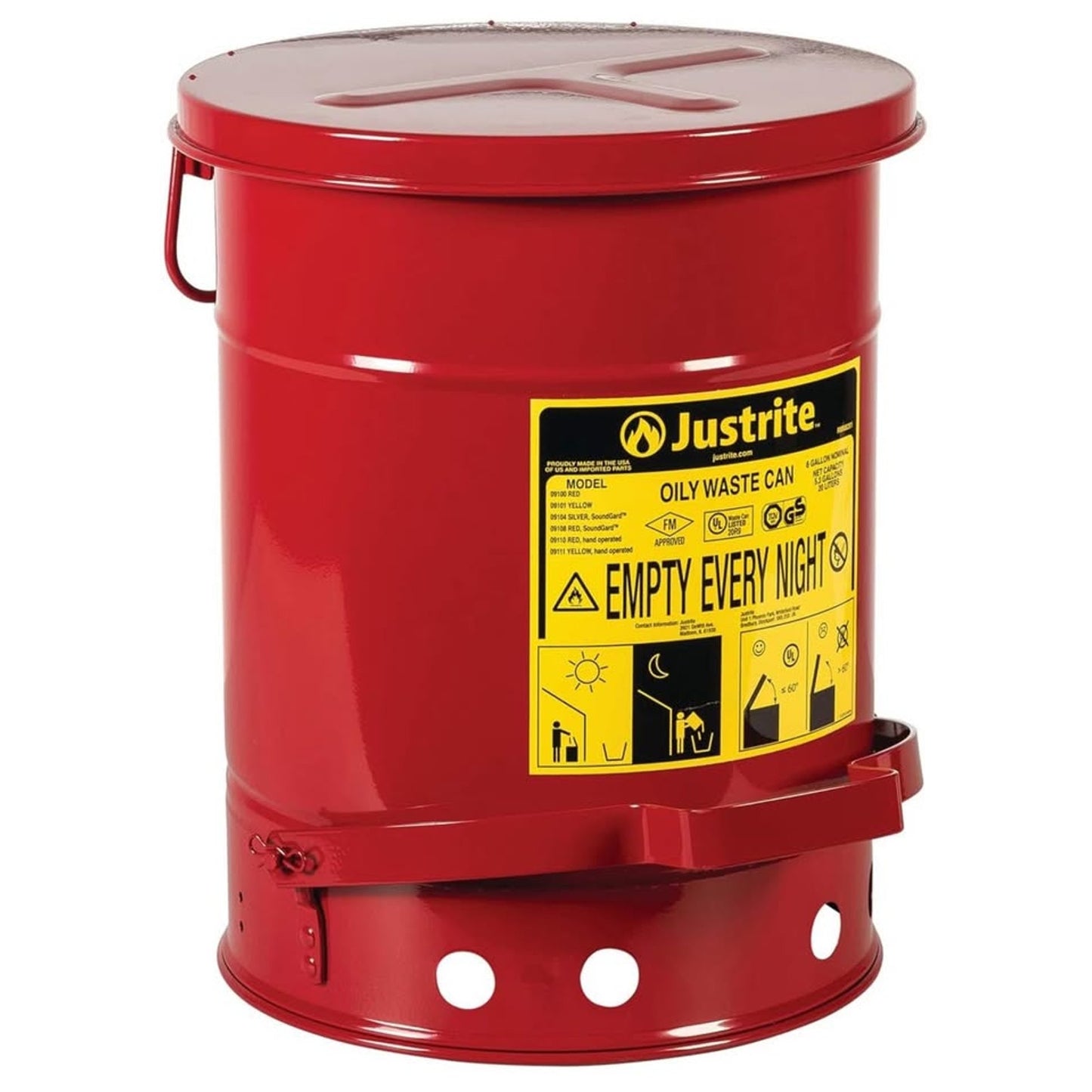 Justrite 6 Gallon Galvanized Steel Oily Waste Can, 16" x 12" Metal Oil Rag Safety Can with Quiet Foo