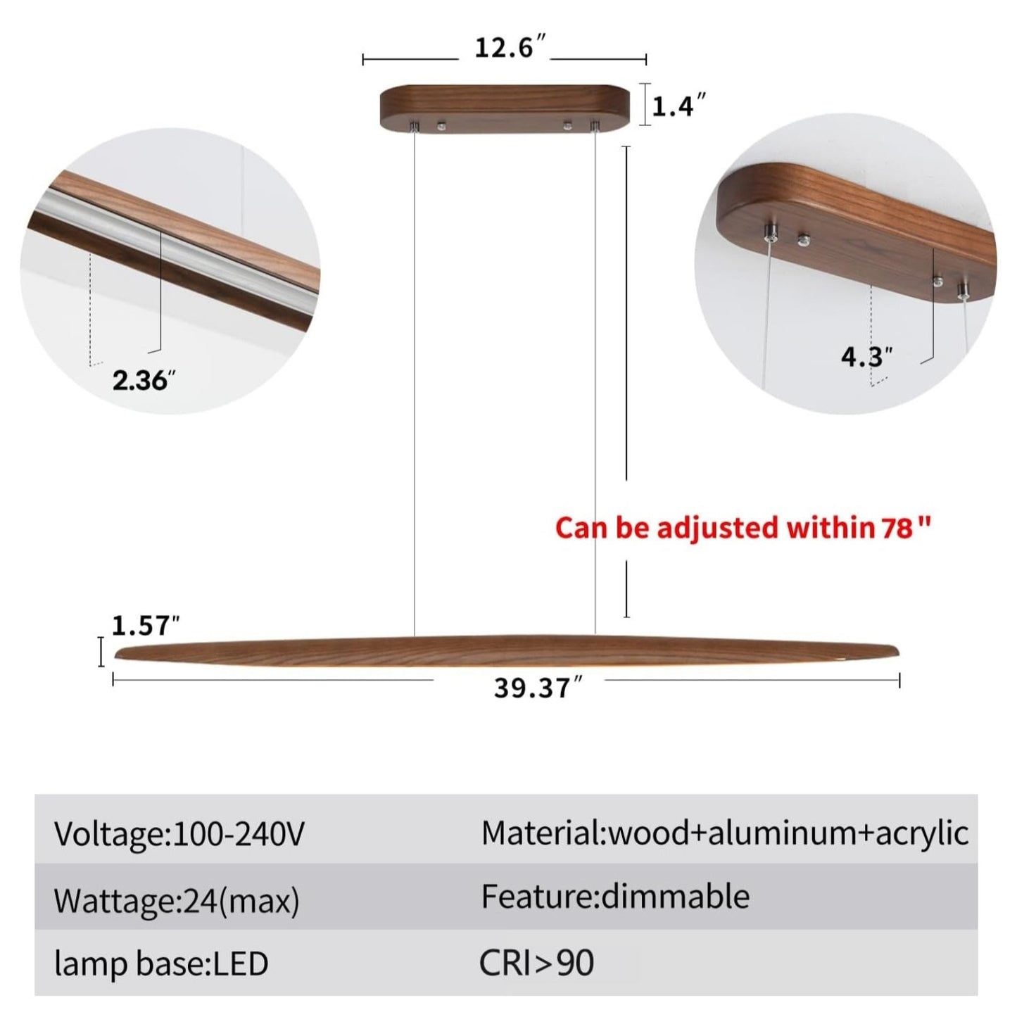 39" Wood Linear Pendant Light LED Dimmable Hanging Light Dinning Room Light Fixture Island Lights