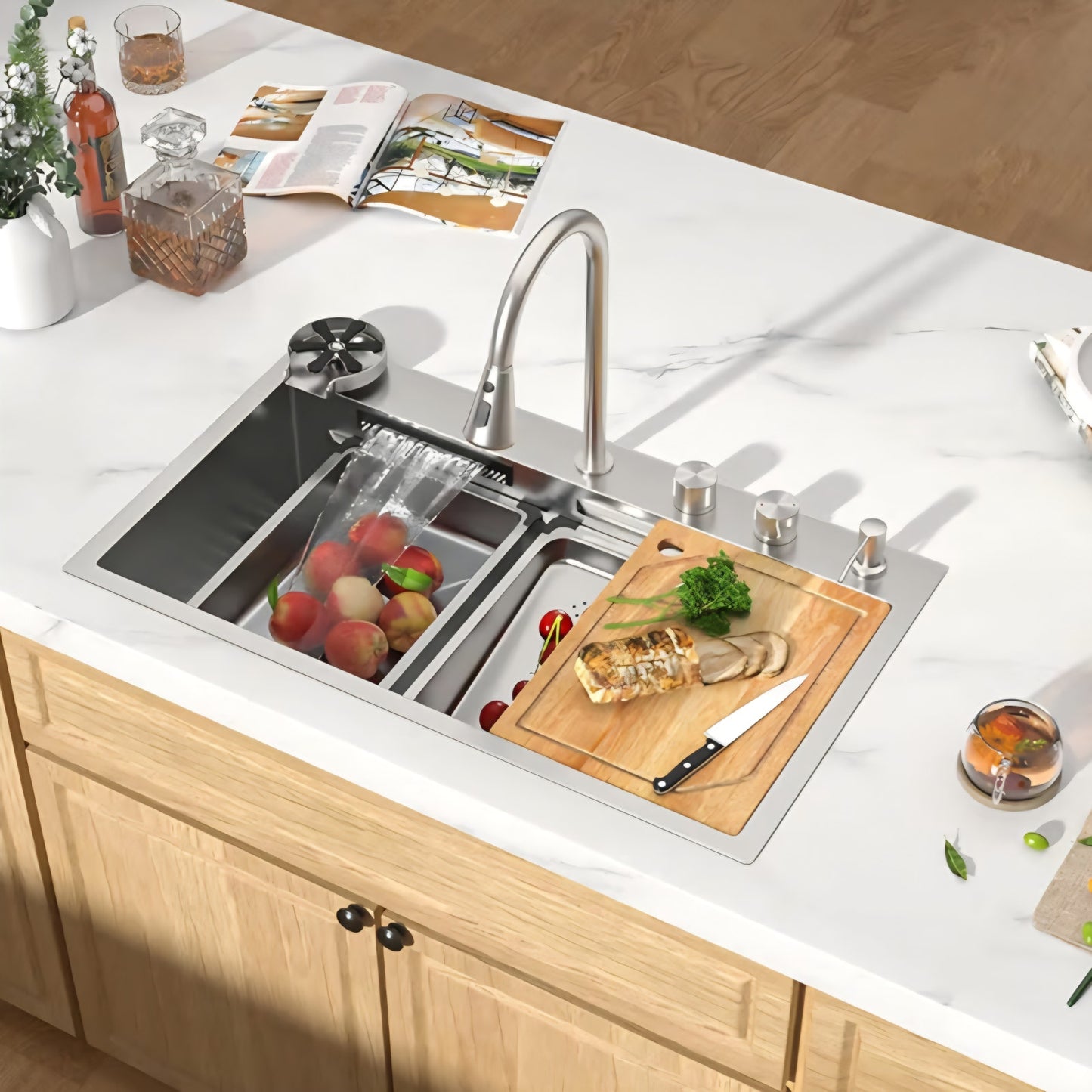 33 Inch Luxury Waterfall Kitchen Sink - Drop In Smart Kitchen Sink 33x22 Multifunctional Workstatio