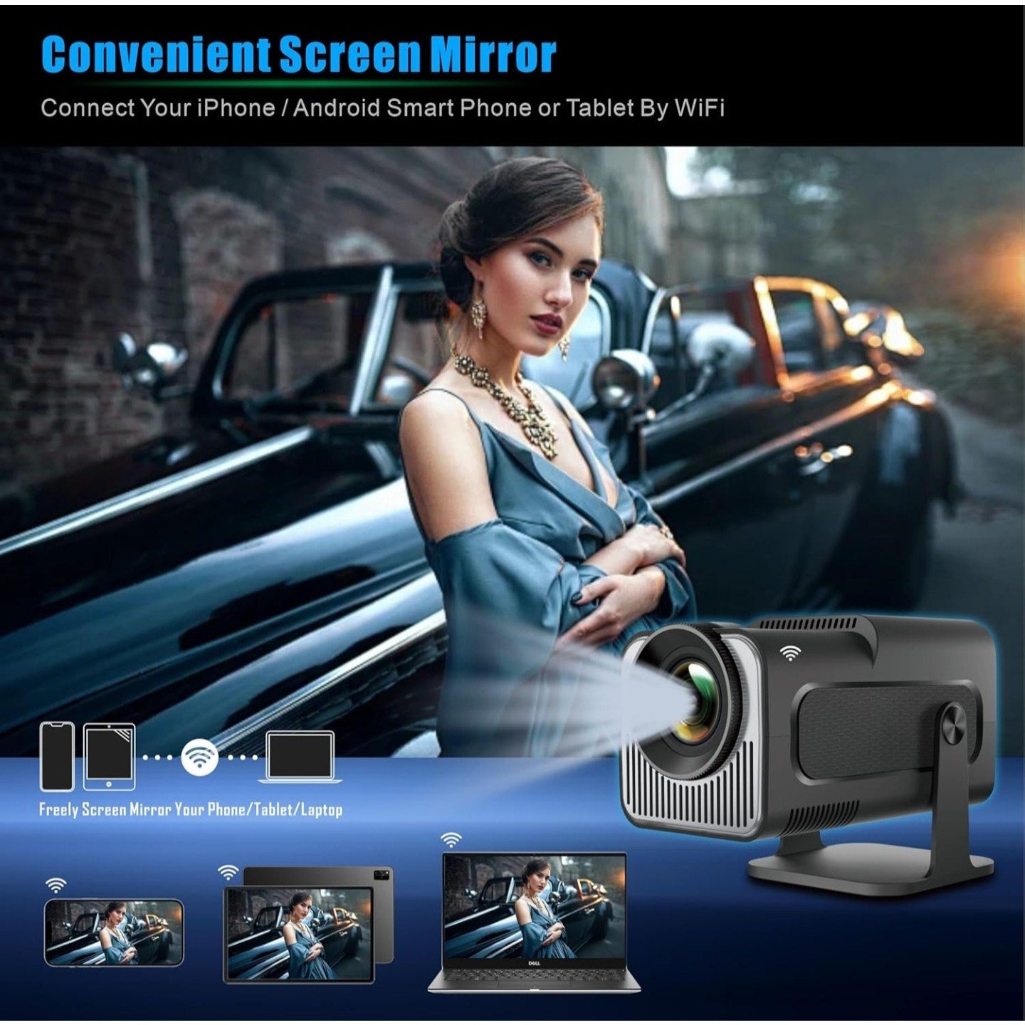 Portable Projector, HY320 Mini Projector with WiFi and Bluetooth, Support 4K 1080P with Dual-Band