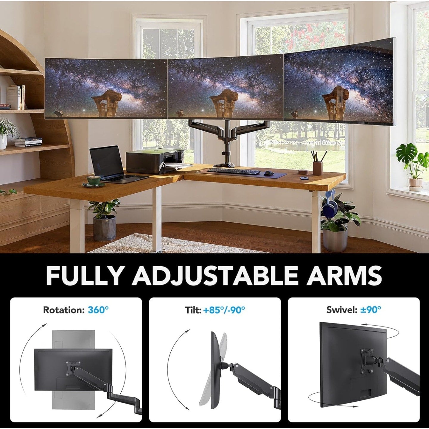 HUANUO Triple Monitor Mount for 17 to 32 inch Screens, Gas Springs Adjustment Triple Monitor Stand