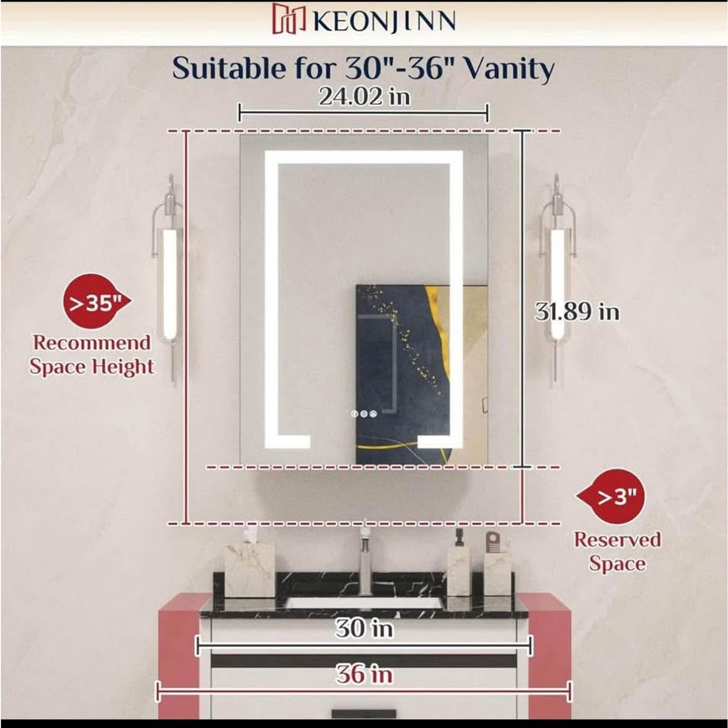 Keonjinn 24 x 32 Lighted Medicine Cabinet with Defogger and Outlets, Medicine Cabinet with Lights 3