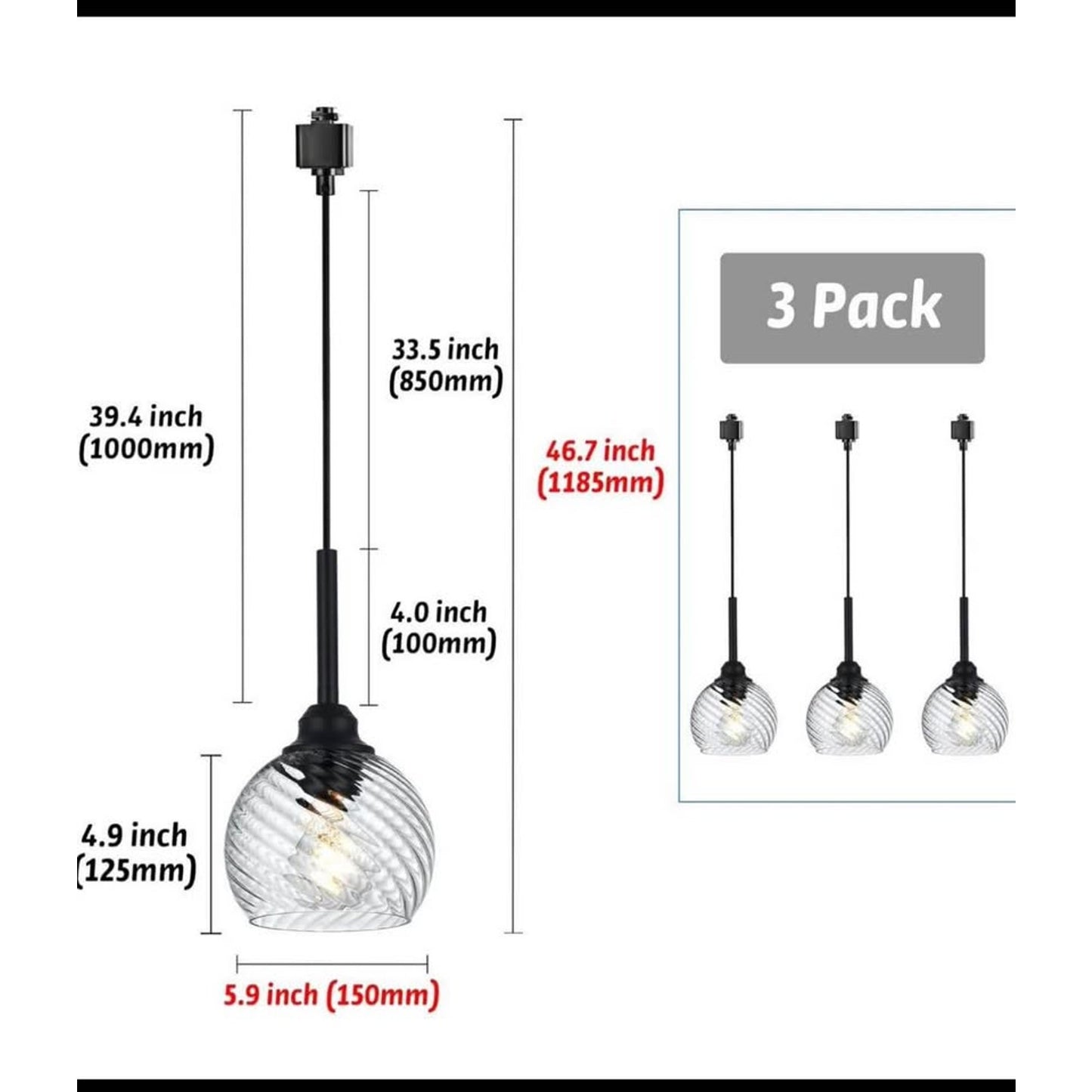 3 Pack H-Type Track Pendant Lighting Fixtures Black Hanging Pendant Lights Kitchen Island with Clear