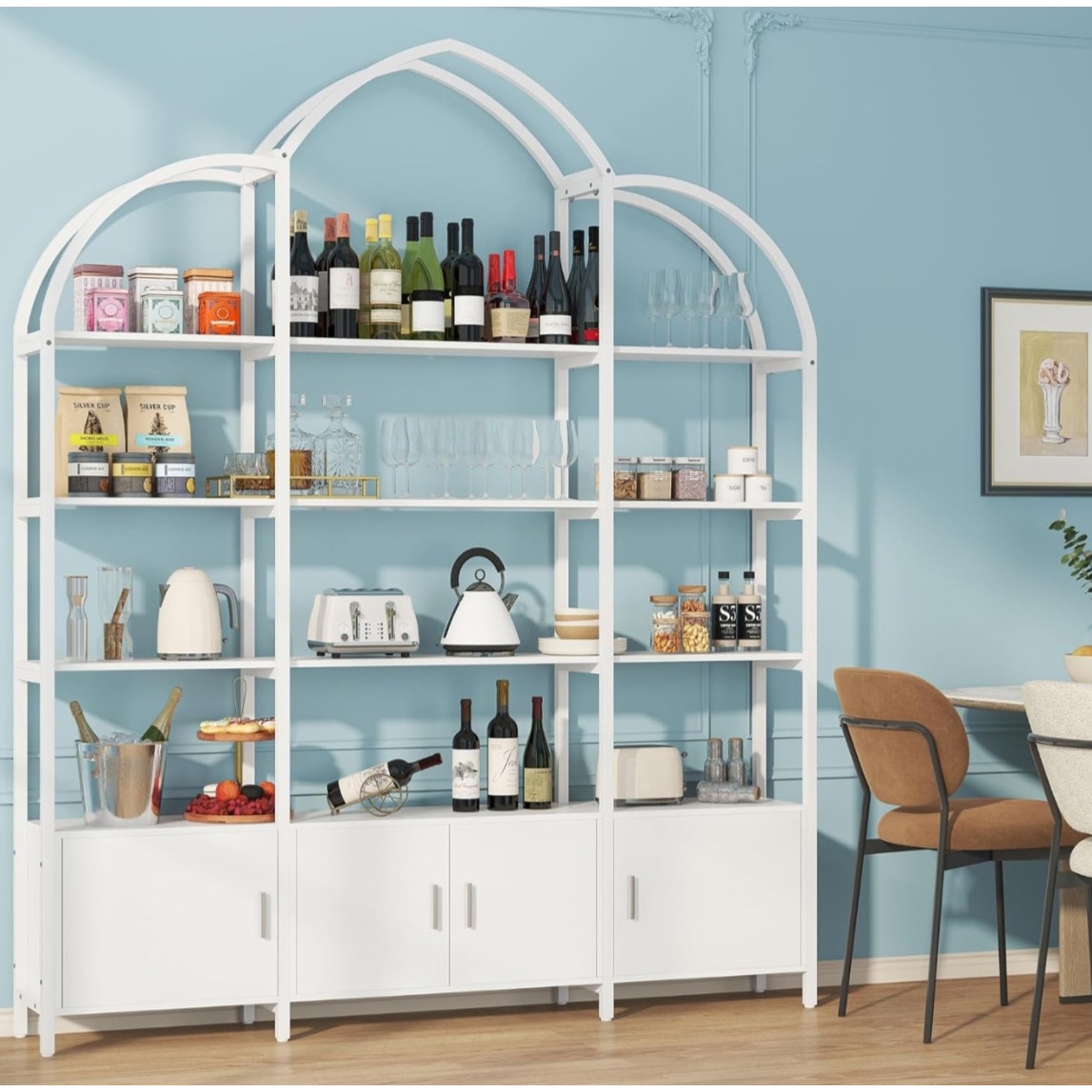 Semoic Arched Bookshelf and Bookcase with 3 Cabinets, Triple Wide 5 Tier Standing Book Shelf,