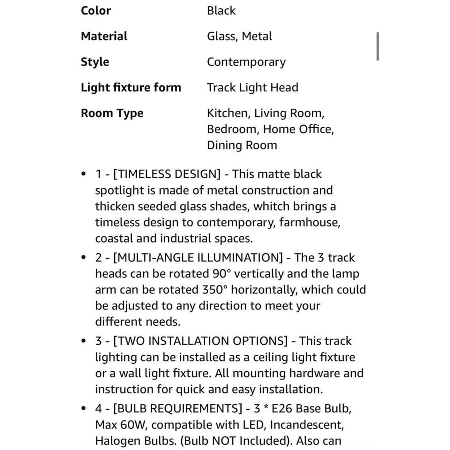 Yaohong 3 Light Track Lighting Kit Track Light Fixtures Rotatable Bathroom Ceiling Light Black Adjus