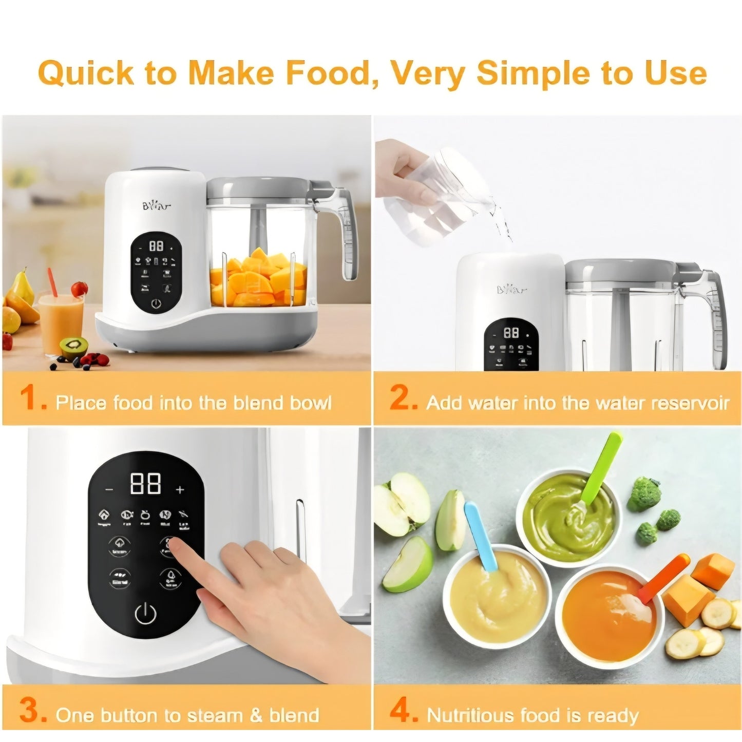 BEAR 2024 Baby Food Maker | One Step Baby Food Processor Steamer Puree Blender | Auto Cooking & Grinding | Baby Food Puree Maker with Self Cleans | Touch Screen Control, White 9K+ bought in past month