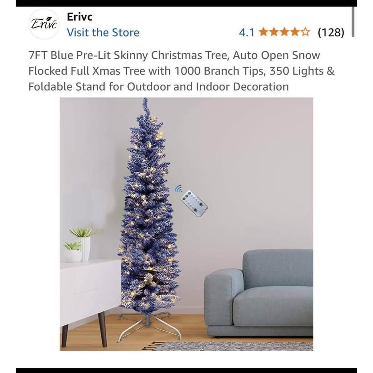 $30 obo 7FT Blue Pre-Lit Skinny Christmas Tree, Auto Open Snow Flocked Full Xmas Tree with 1000 Bran