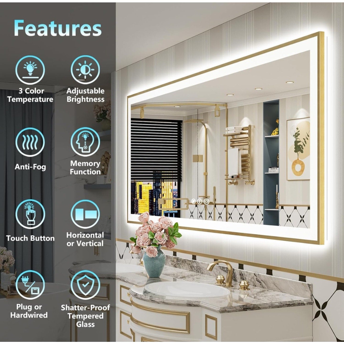 84x32 Gold Framed LED Bathroom Mirror with Lights, Backlit + Front Lit, Anti-Fog Lighted Vanity