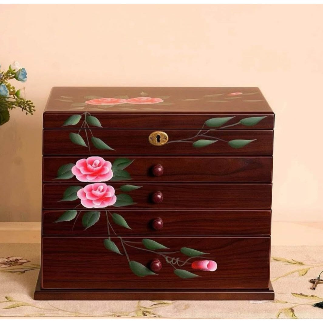 Jewelry Box Wood for Women, 5-Layer Hand-Paint jewelry holder organizer with necklace hanger,