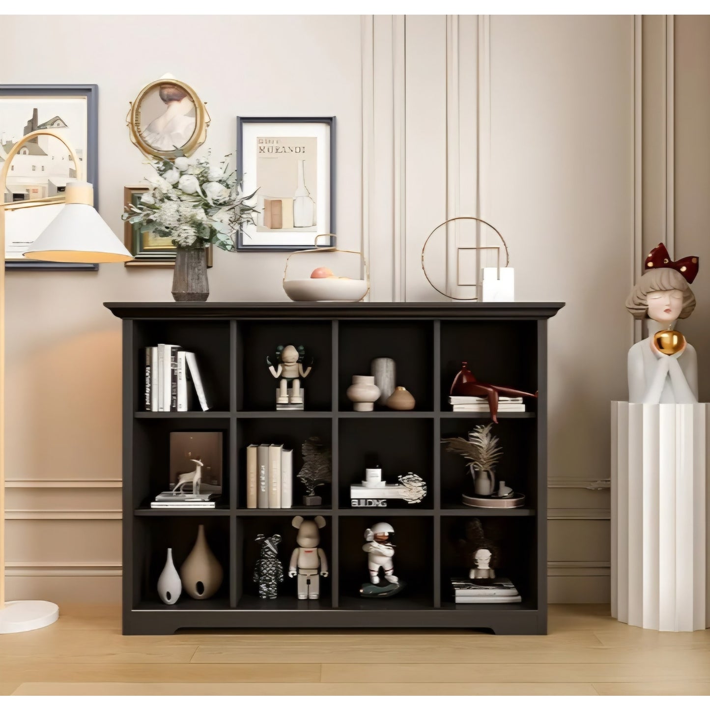 Cube Storage Bookcase with Base - Wooden 3 Tiers Floor Standing Open Shelf Cabinet for Home