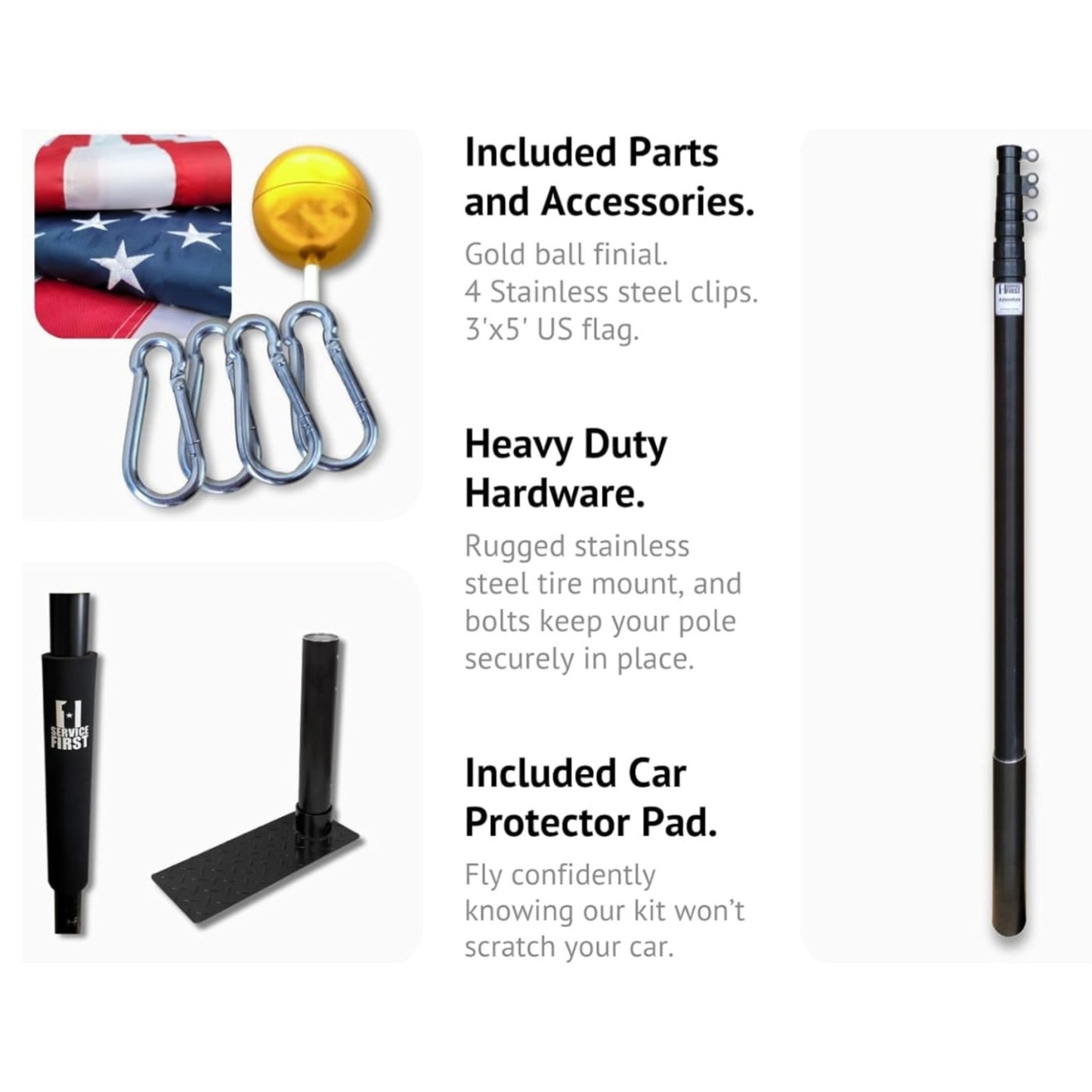 Service First Black Complete Tailgate Flag Pole Package 20FT Black with Stainless Steel Tire Mount