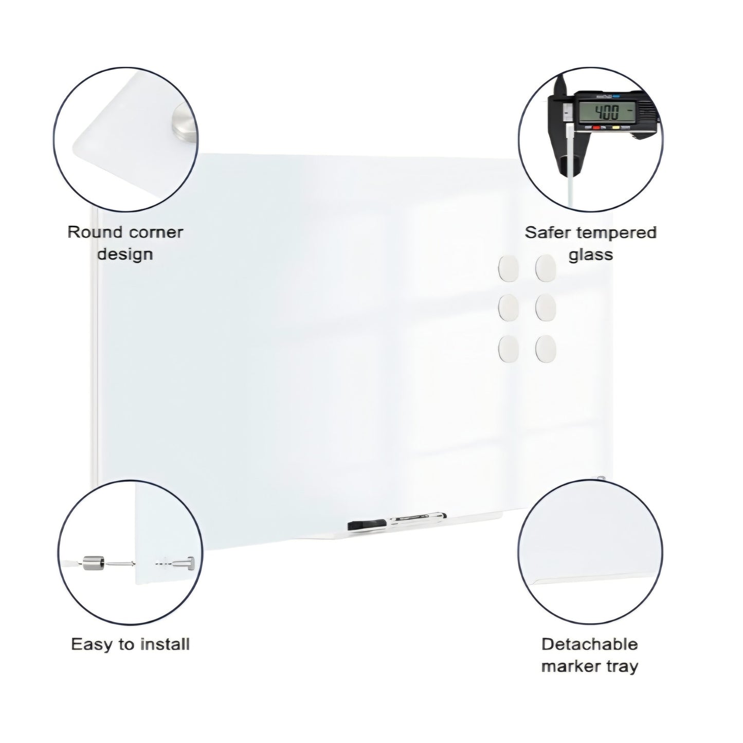 Magnetic Glass Whiteboard, 4' x 3' Glass Dry Erase Board for Wall, 48" x 36" Large Frameless White