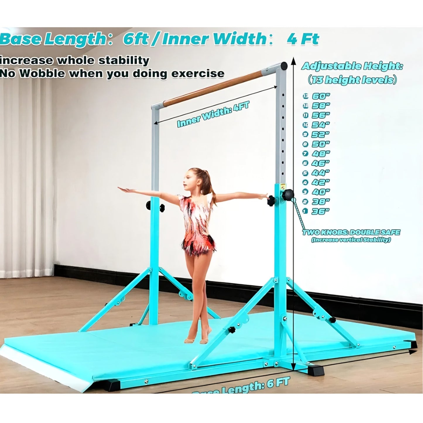 Gymnastic Bar for Kid and Teenage Ages 3-25, 5 FT / 6 FT Base Length, 5 FT / 6 FT Heigh