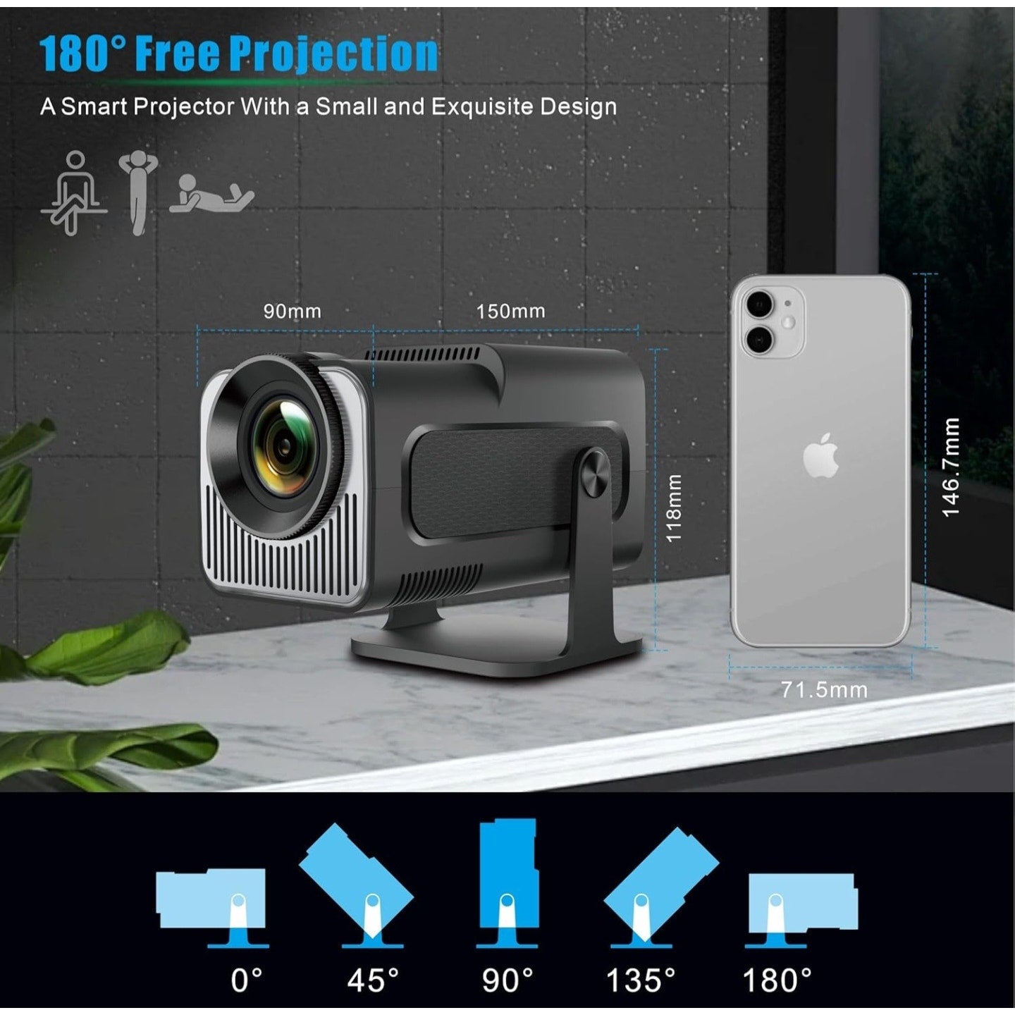 Portable Projector, HY320 Mini Projector with WiFi and Bluetooth, Support 4K 1080P with Dual-Band