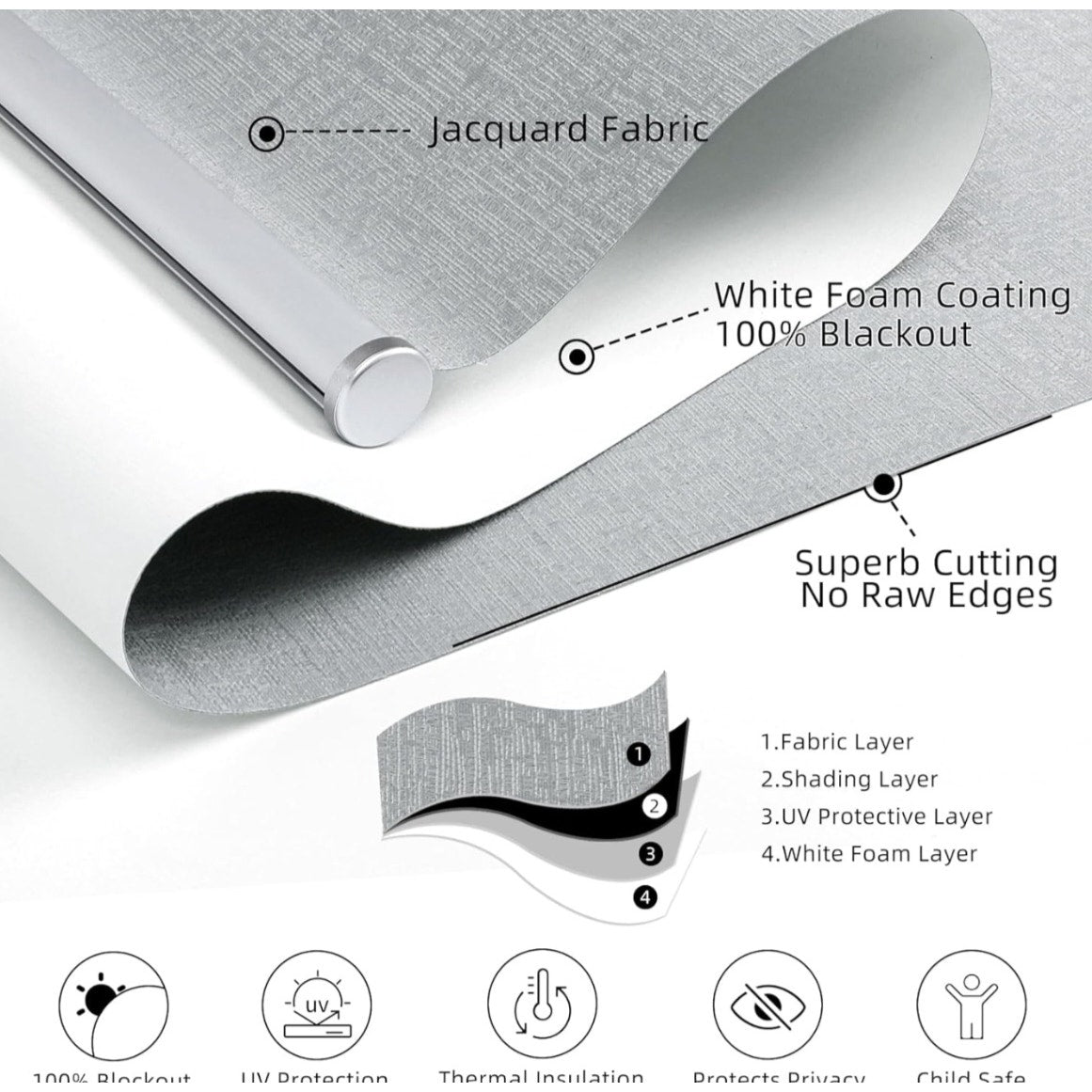 ChrisDowa Cordless 100% Blackout Roller Shade. Light Grey, 56"W x 72"H