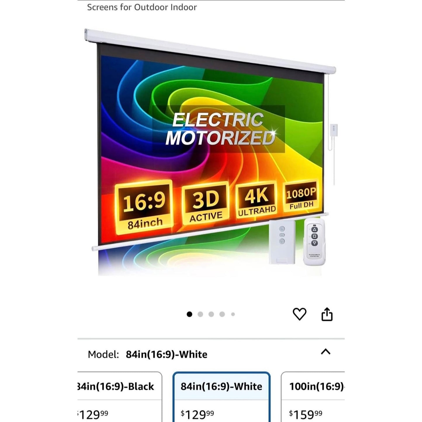 Pull Down Projector Screen Motorized 84 Inch 16:9 HD Electric Small Projector Screen Portable