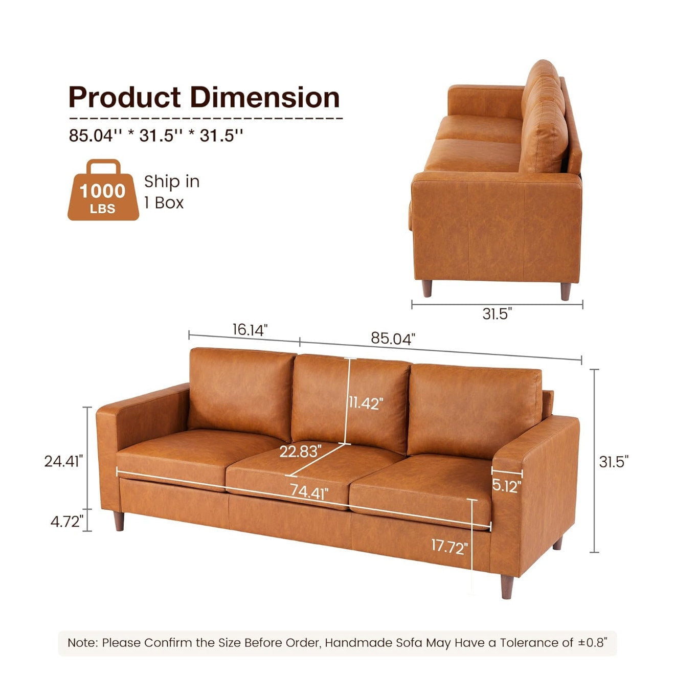 Leather Sofa, 85" Mid-Century Modern Couch, 3-Seater Sofa