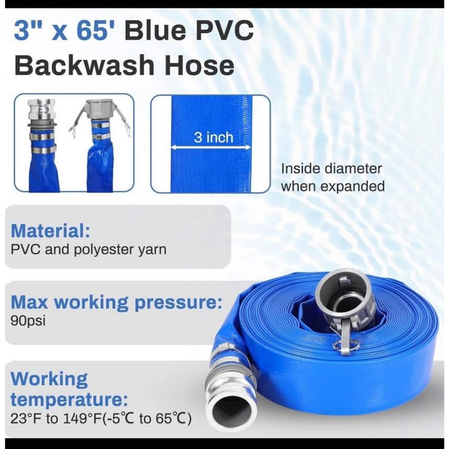 3 Inch Suction Hose Pump kit, Includes 3" x 65' Blue PVC Backwash Hose & 3" x 20' Green PVC Suction