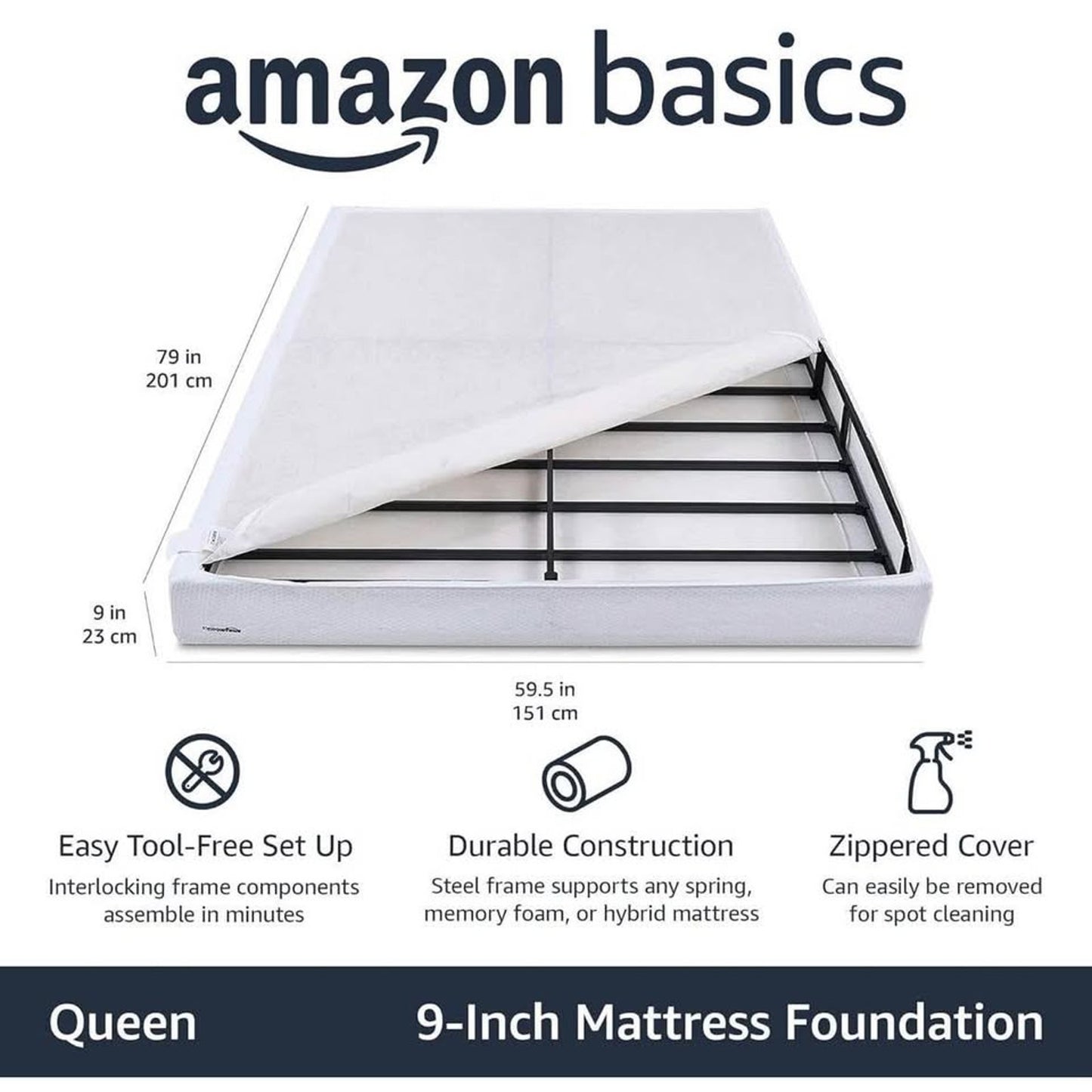 Amazon Basics Smart Box Spring Bed Base, 9-Inch Height Mattress Foundation, Tool-Free Easy Assembly,