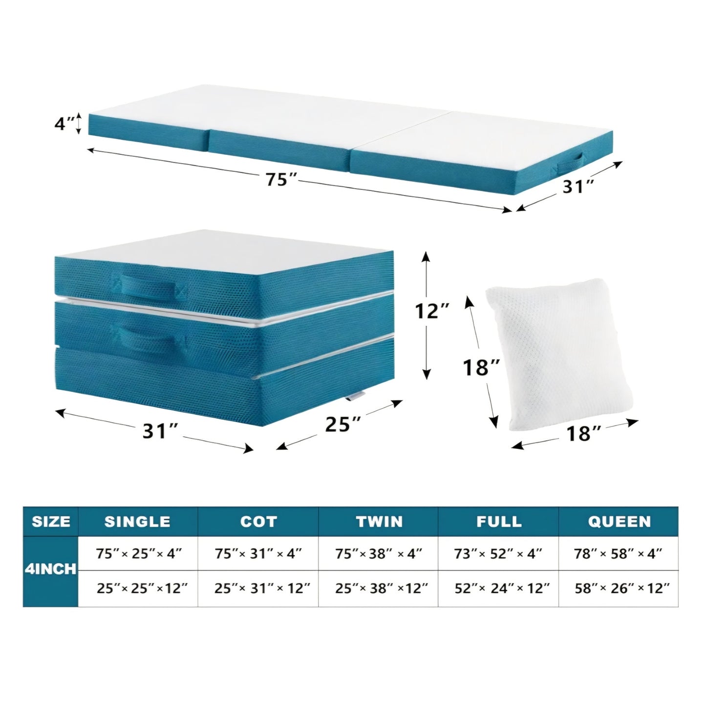 SINWEEK Memory Foam Folding Mattress, 4 Inch Foldable Trifold Mattress Topper, CertiPUR-US Certifie