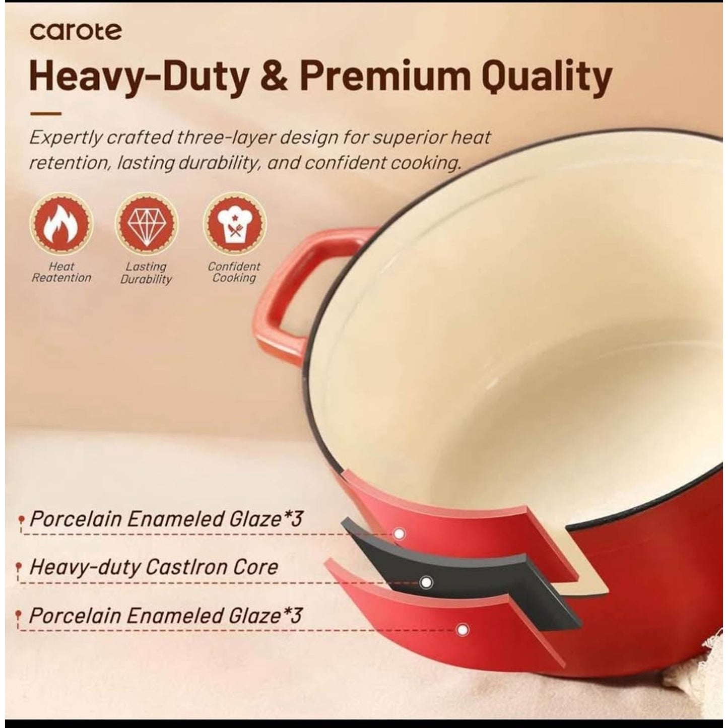 CAROTE Cast Iron Dutch Oven Pot with Lid, Enameled Dutch Oven for Bread Baking, Dual Handles, Heavy-